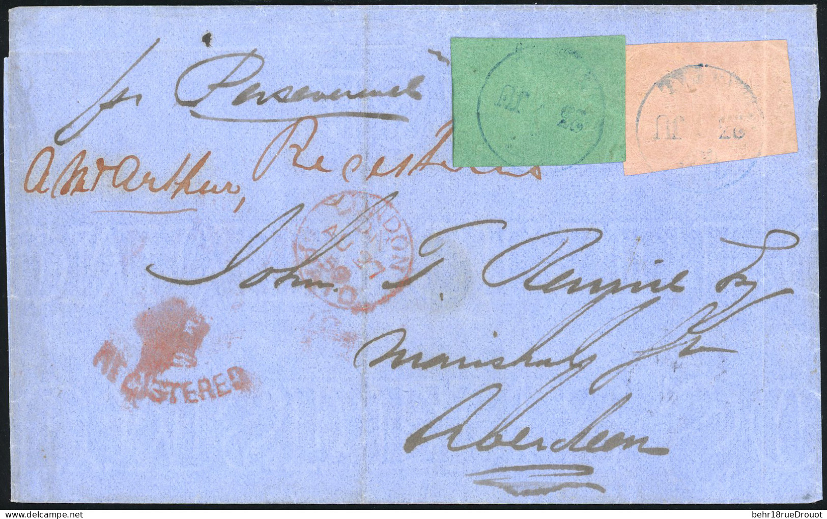 Obl. SG#4+5 - Entire To SCOTLAND (franked) With 1857-61 Embosed 30 Rose And 6d. Greeneach Concelled By Blue Durban ''23J - Natal (1857-1909)