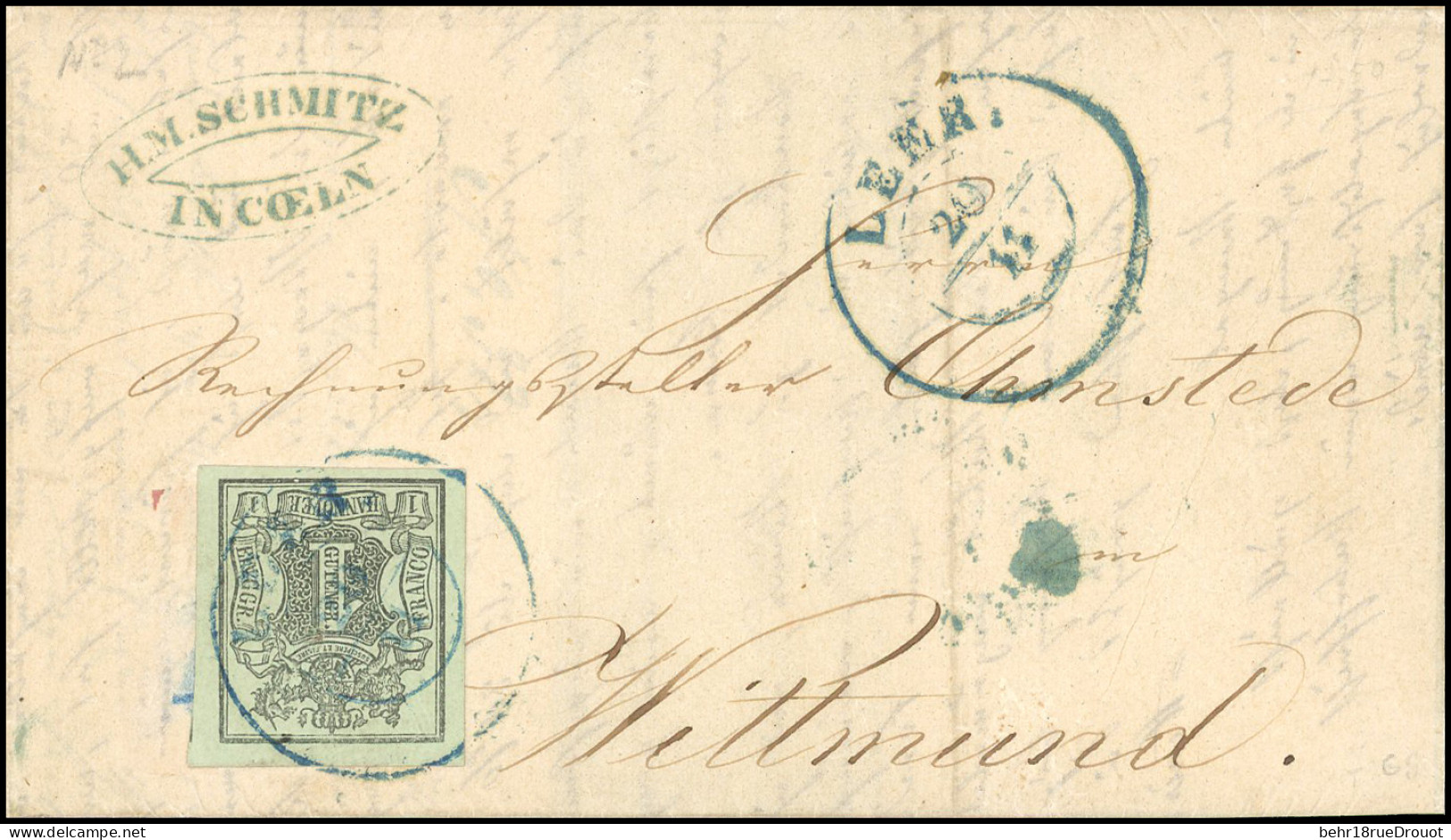 Obl. 10 - 1G Noir S/vert Obl. S/lettre Manuscrite Du 17 Novembre 1856, Frappée Du CàD De LEER Du 20 Novembre 1856 à Dest - Hanover
