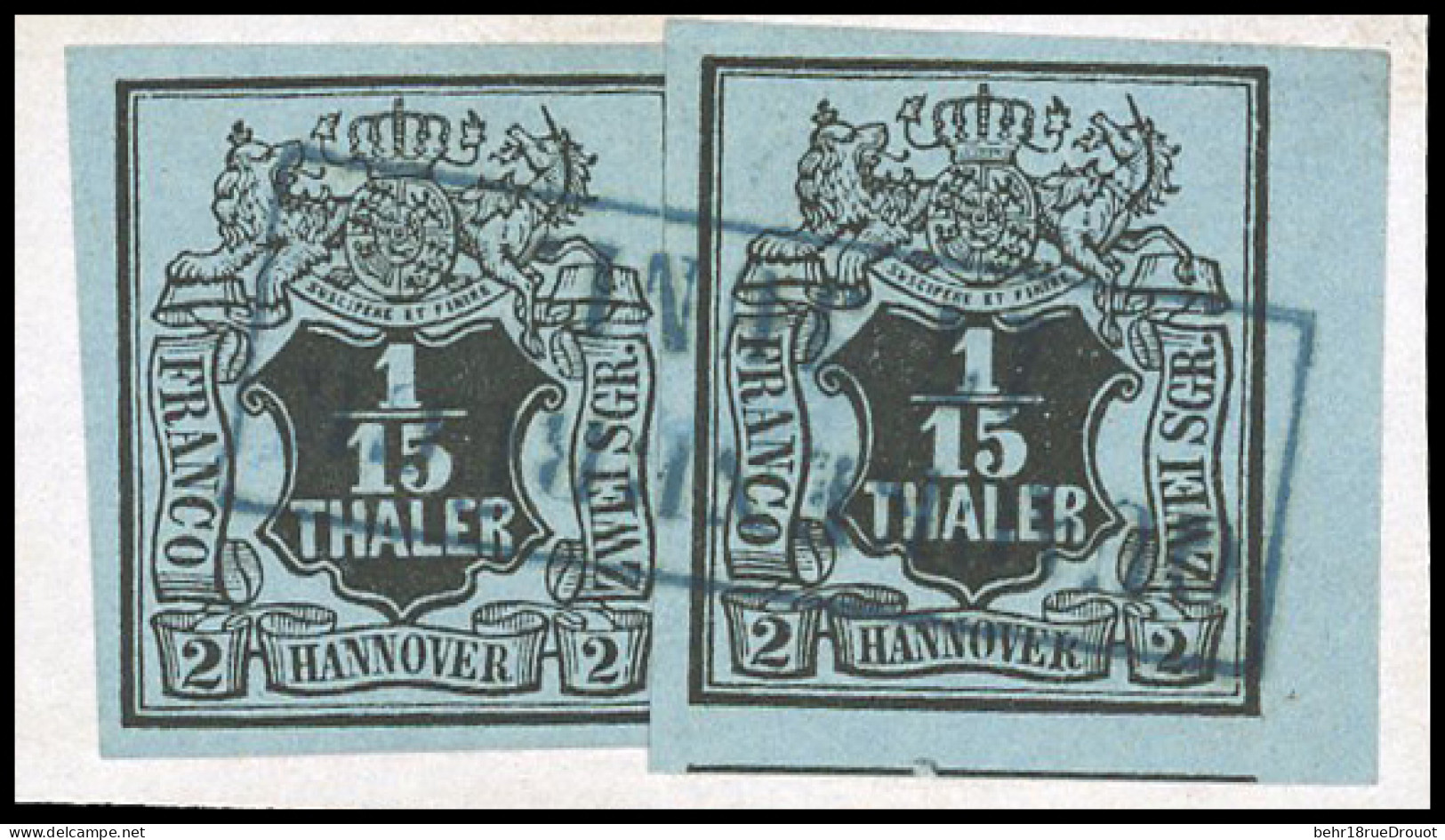 Obl. 12x2 - 1/15t. Noir S/bleu X 2. Obl. S/petit Fragment. SUP. - Hanover