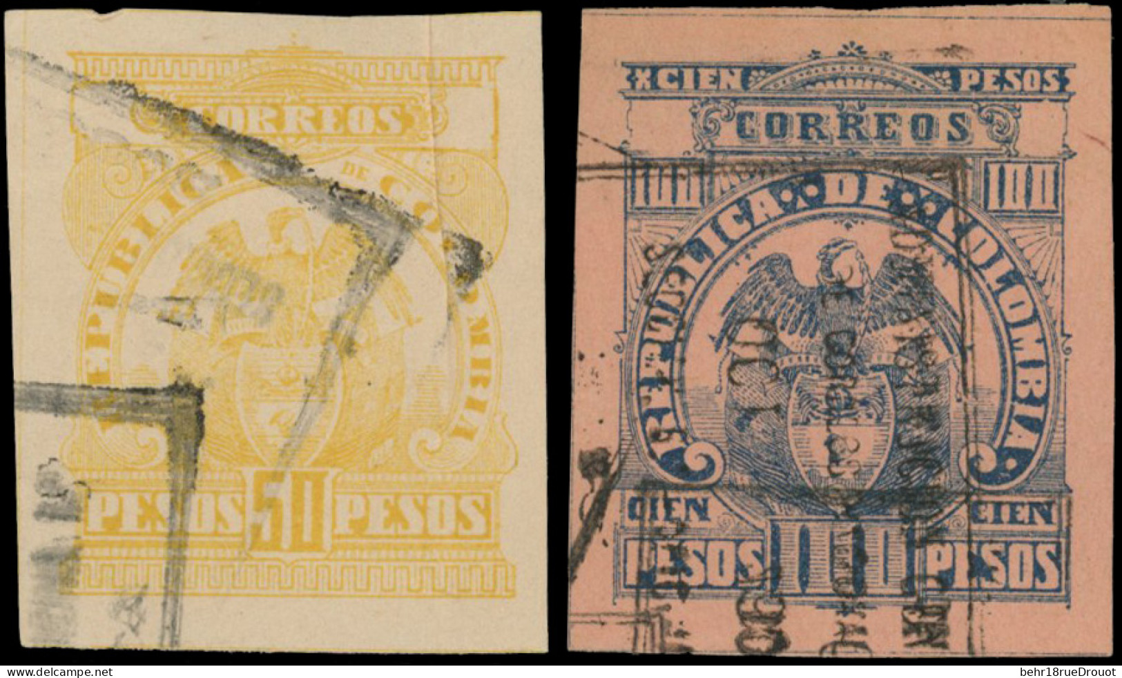 Obl. 131/132 - 50p. Orange S/rose Pâle (pli) + 100p. Bleu S/rose. ND. Obl. TB. - Colombia