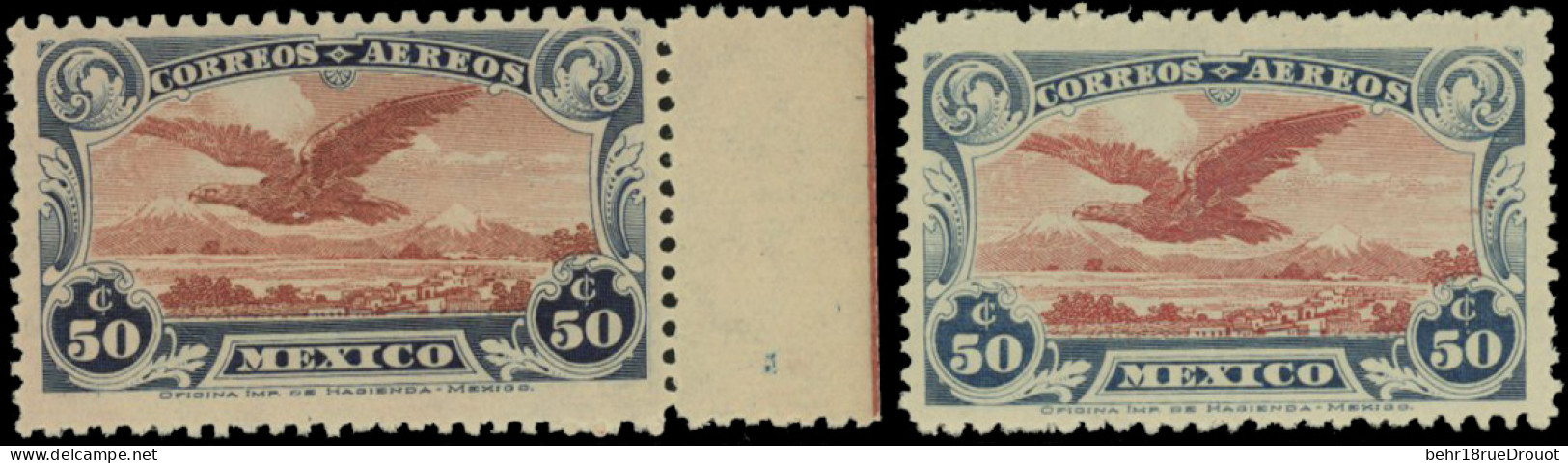 ** 1+1a - 50c. Bleu Foncé Et Carmin + 50c. Bleu Et Rouge-brun. N°1 Avec BdeF. N°1a *. SUP. - Mexico