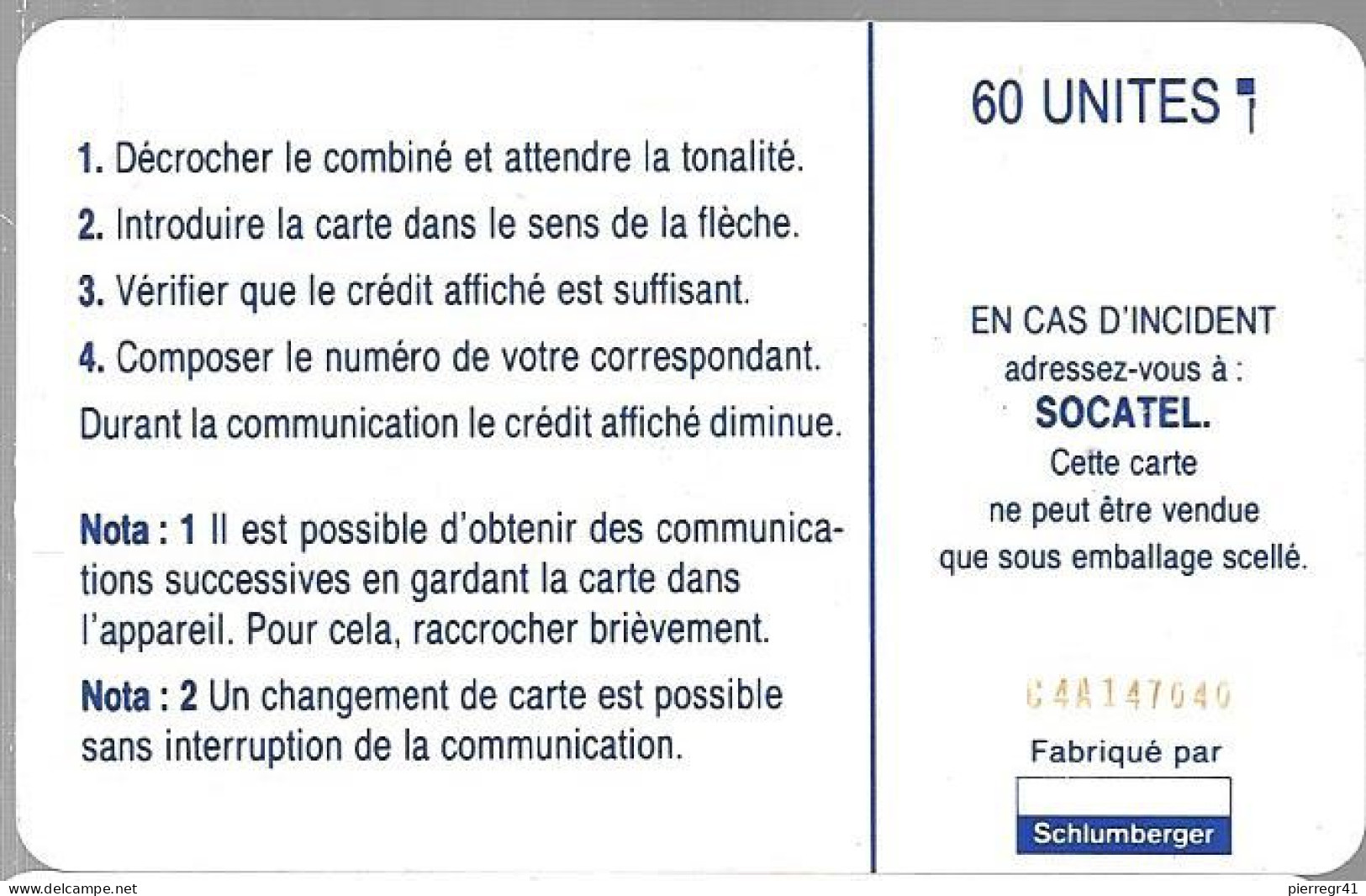 CARTE-PUCE-CENTRE AFRIQUE-60U-SC7-SOCATEL-BLEU-V°N°Rge C4A147040-Utilisé-TBE - Centrafricaine (République)