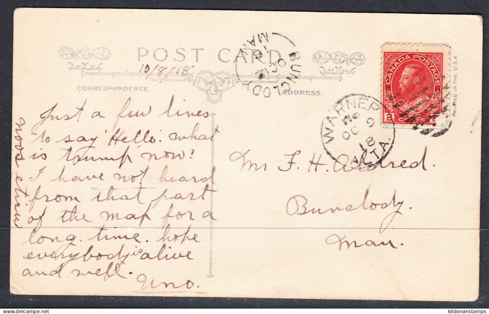 Canada Cover, Bunclody Manitoba, Oct 12 1918, A1 Broken Circle Postmark, - Briefe U. Dokumente