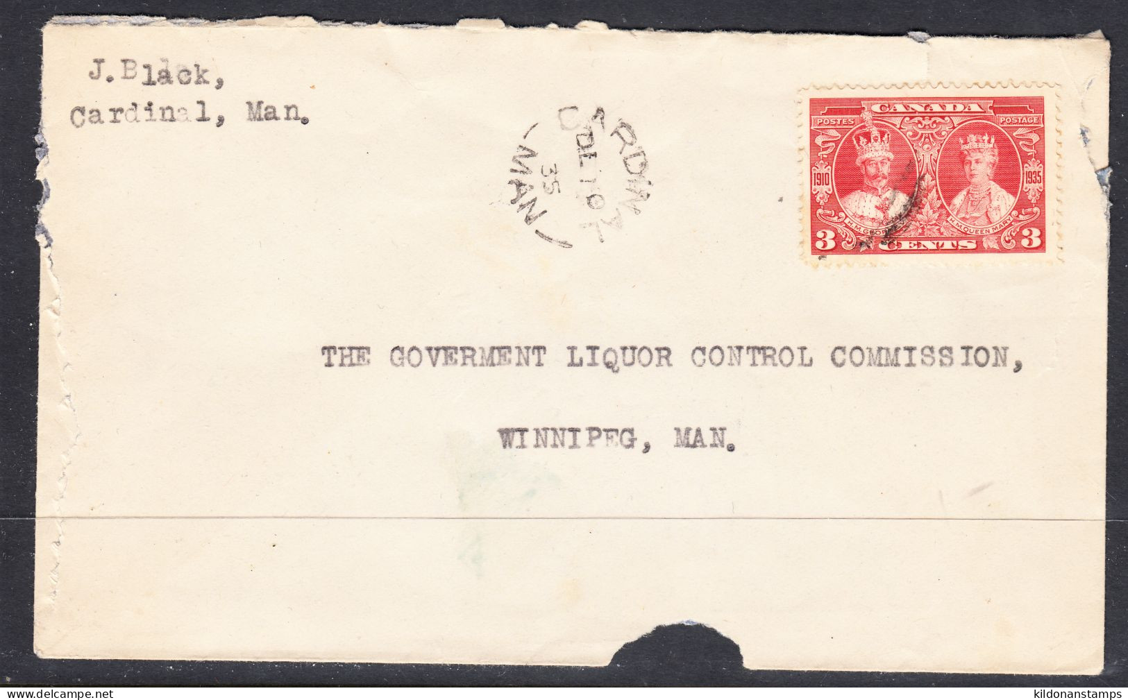 Canada Cover, Cardinal Manitoba, Dec 10 1935, A1 Broken Circle Postmark, To Gov't Liquor Control (Winnipeg MB) - Brieven En Documenten