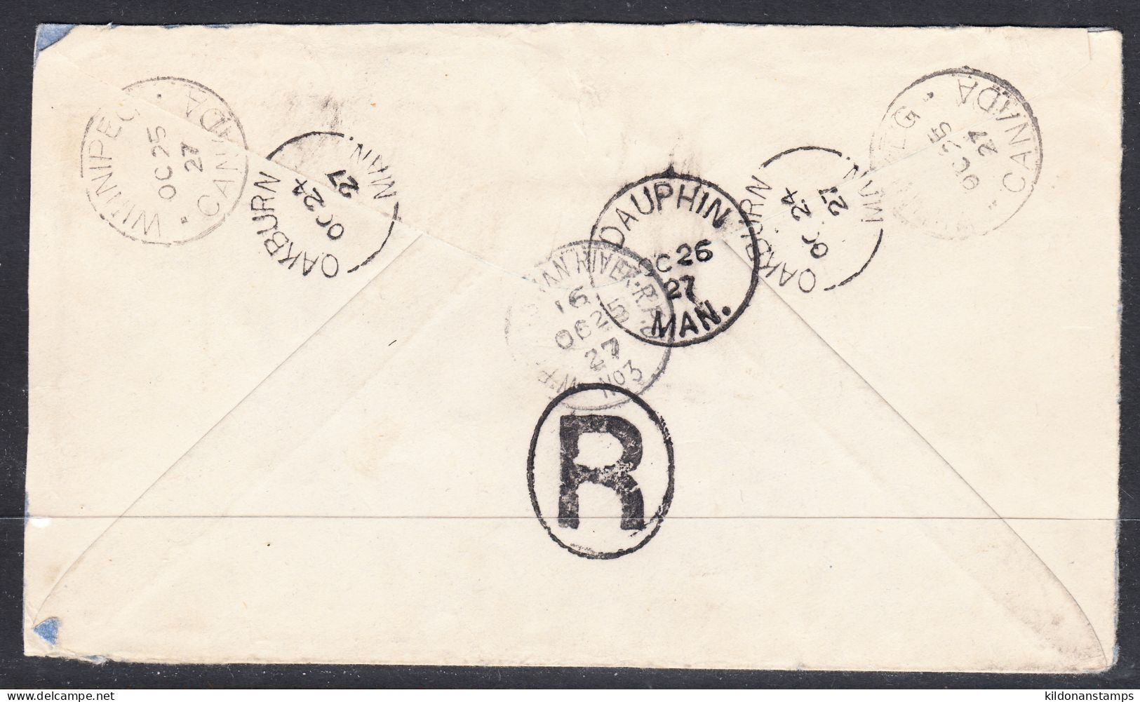 Canada Cover, Registered, Oakburn Manitoba, Oct 24 1927, A3 Broken Circle Postmark, To Dominion Lands Office (Dauphin) - Cartas & Documentos