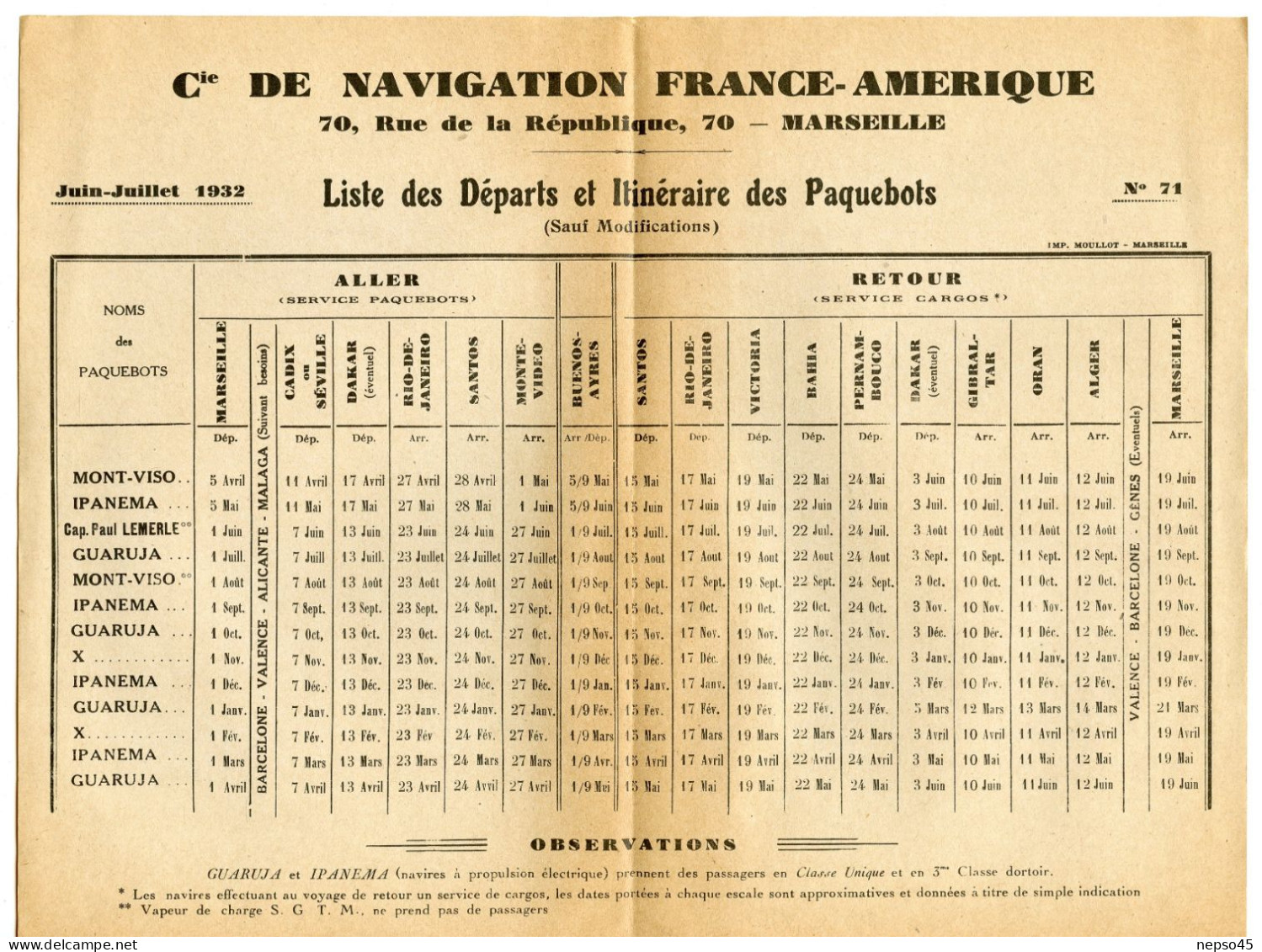 Compagnie De Navigation France-Amérique.70 Rue De La République Marseille.Juin-Juillet 1932.Liste Des Paquebots. - Other & Unclassified