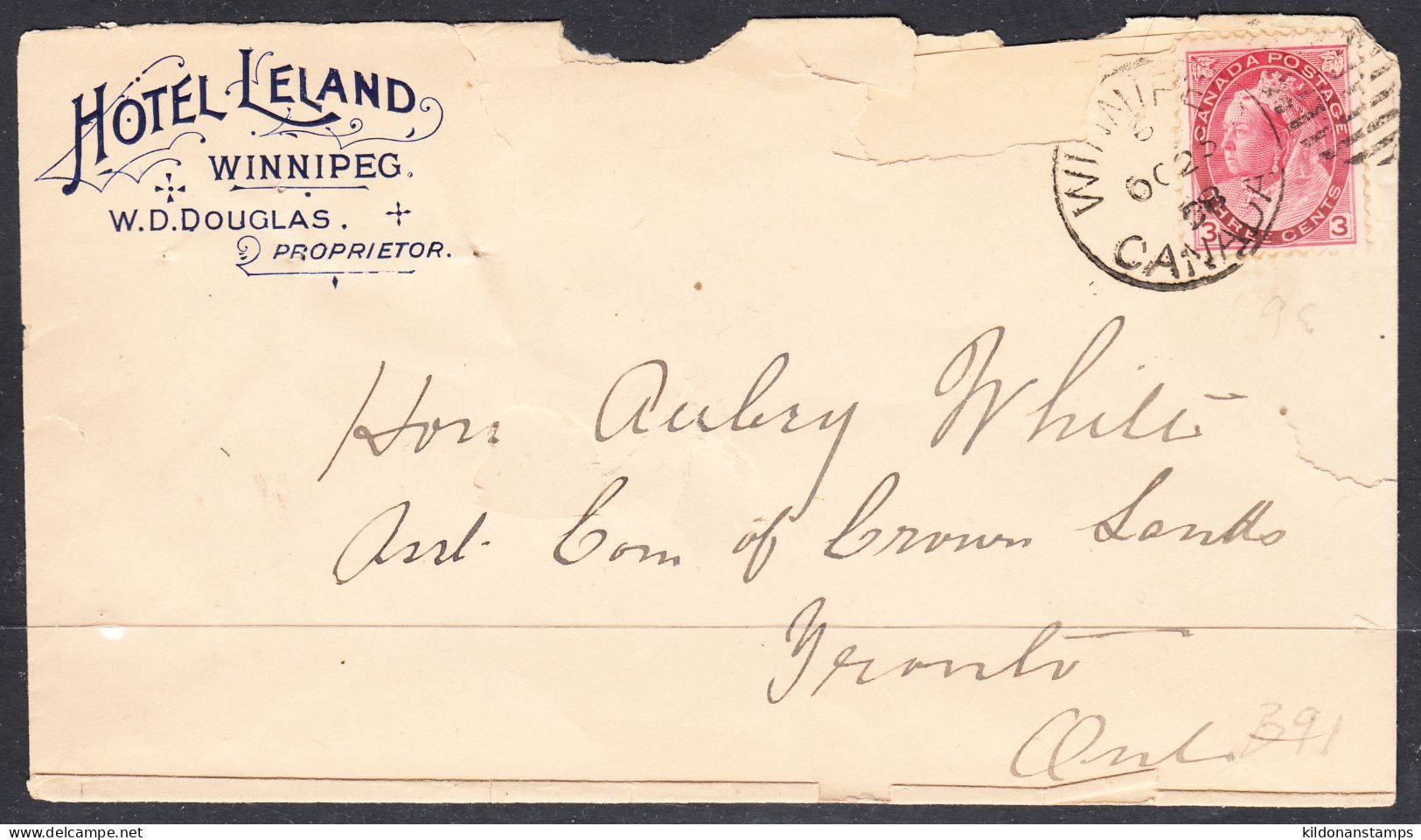 Canada Cover, Toronto, Oct 28 1898, A1 Broken Circle Postmark, To Crown Lands (Hotel Leland Envelope) - Covers & Documents