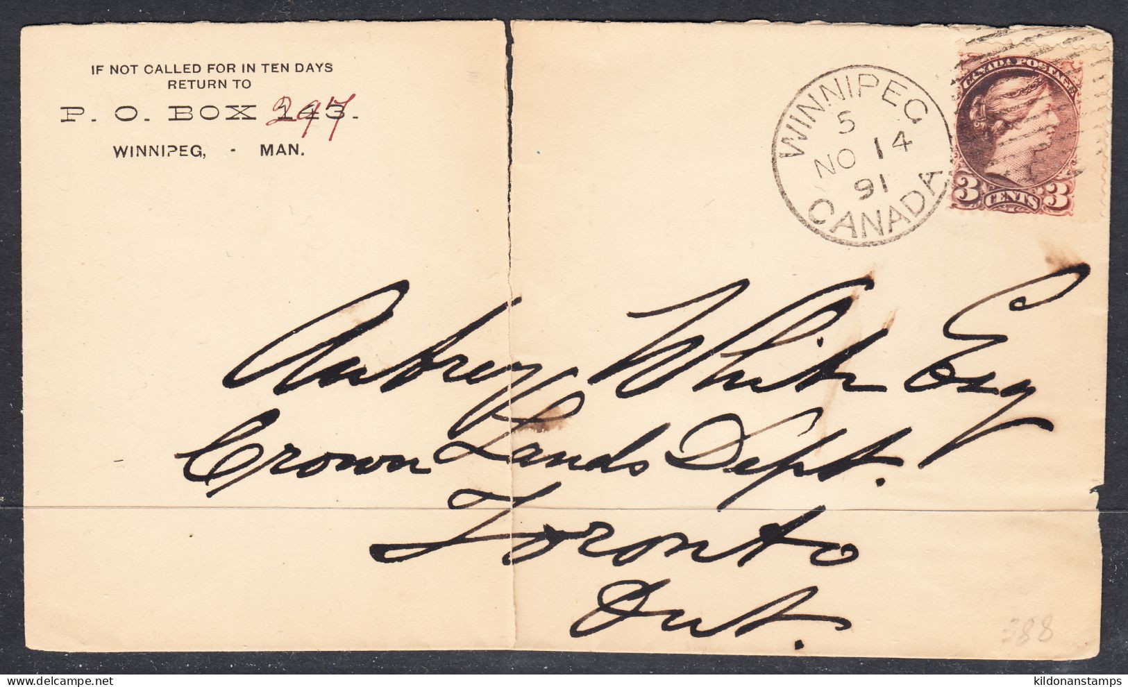 Canada Cover, Toronto, Nov 17 1891, See Notes, A3 Broken Circle Postmark, To Crown Lands Dept. - Brieven En Documenten