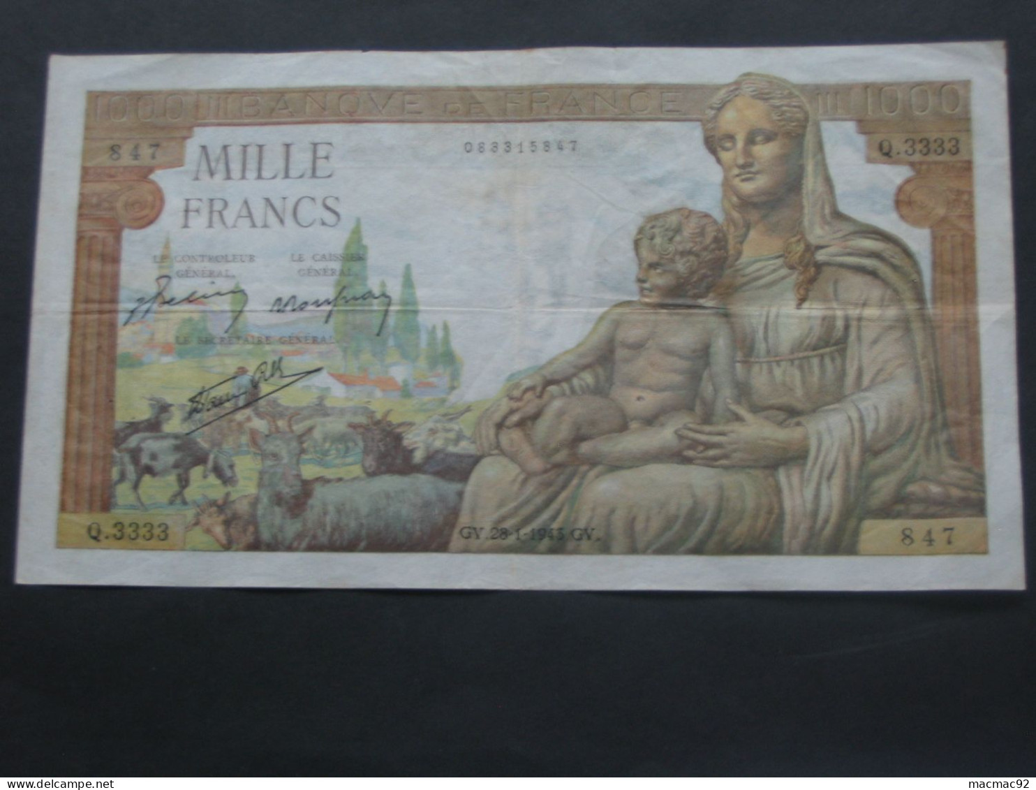 Billet RADAR  3333 - 1000 Mille Francs DEESSE DEMETER  28-1-1943 **** EN ACHAT IMMEDIAT **** - 1 000 F 1942-1943 ''Déesse Déméter''