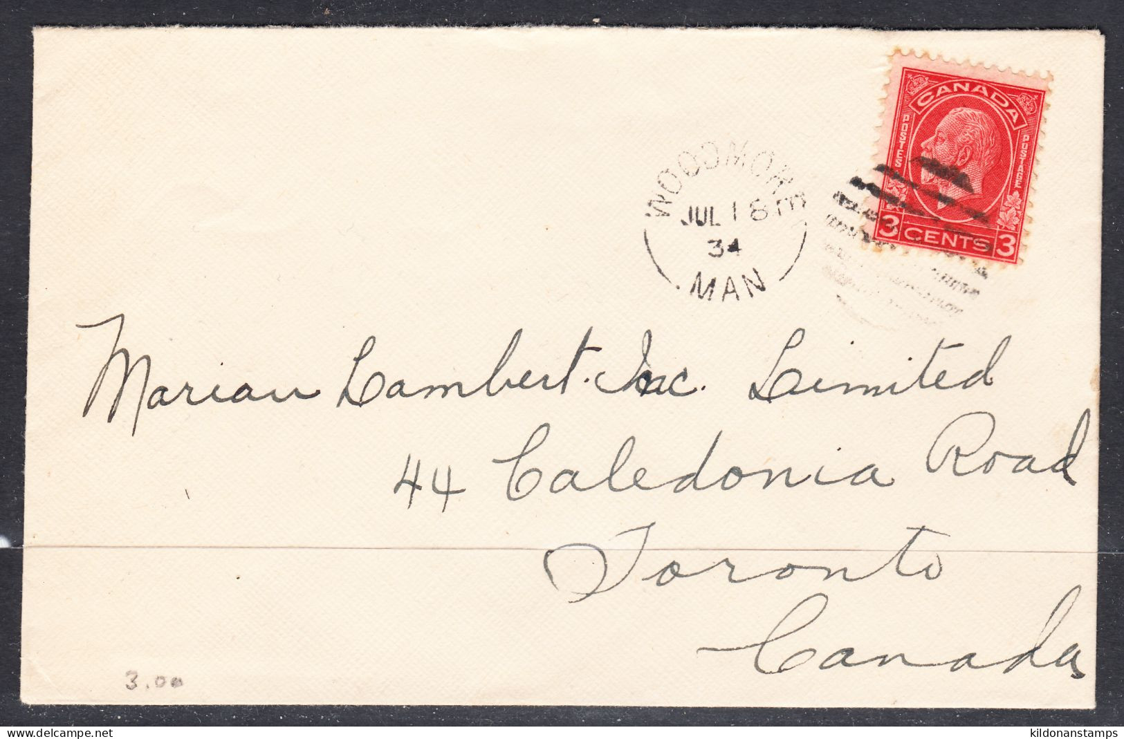 Canada Cover, Woodmore Manitoba, Jul 18 1934, A1 Broken Circle Postmark, To Marian Lambert Inc Ltd - Cartas & Documentos
