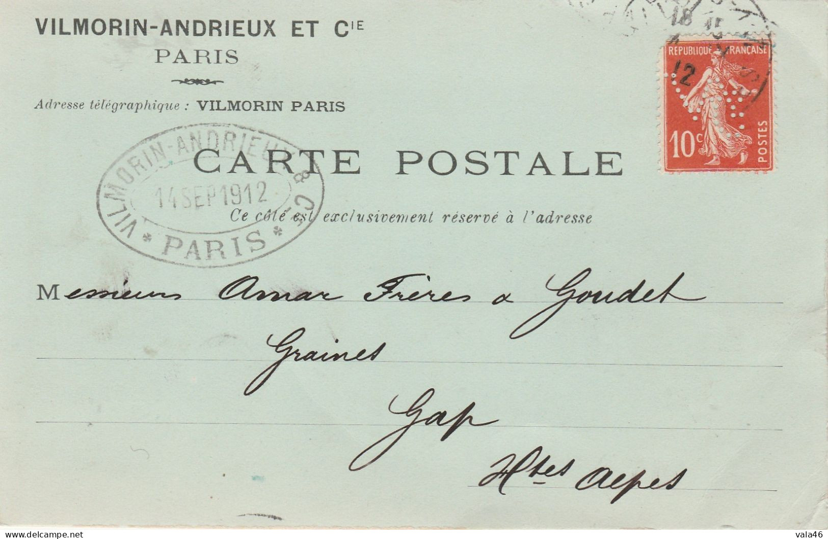 FRANCE - N° 134  SEMEUSE  PERFORE VILMORIN ANDRIEUX ET CIE  SUR CARTE - Cartas & Documentos