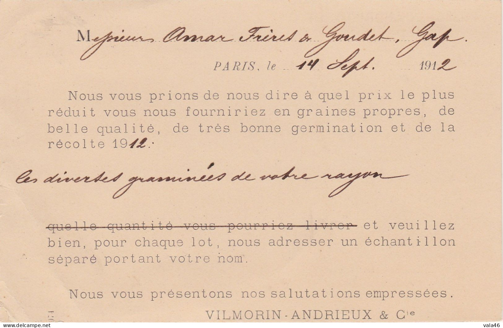 FRANCE - N° 134  SEMEUSE  PERFORE VILMORIN ANDRIEUX ET CIE  SUR CARTE - Brieven En Documenten