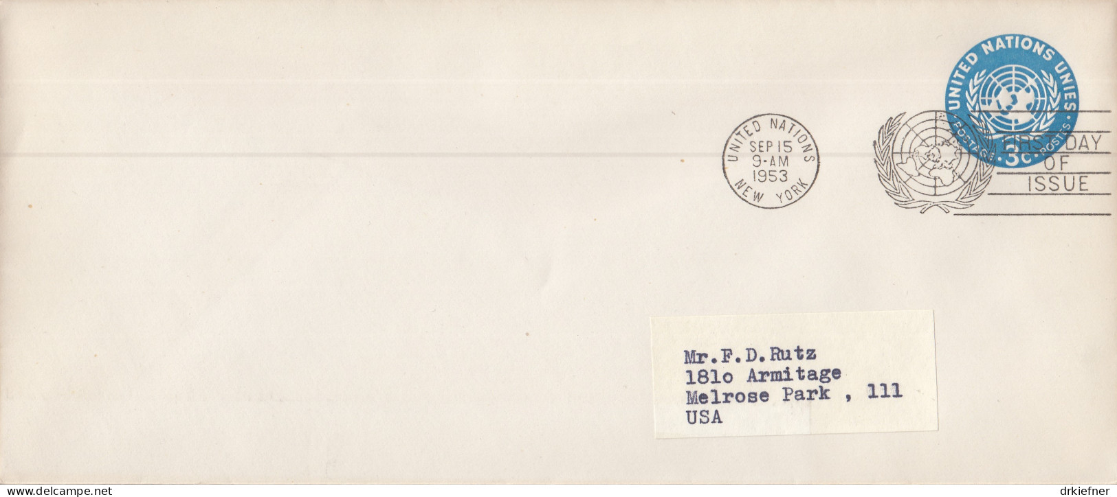 UNO NEW YORK  U 1 C, FDC, Echt Gelaufen, UNO-Emblem, 1953 - Covers & Documents