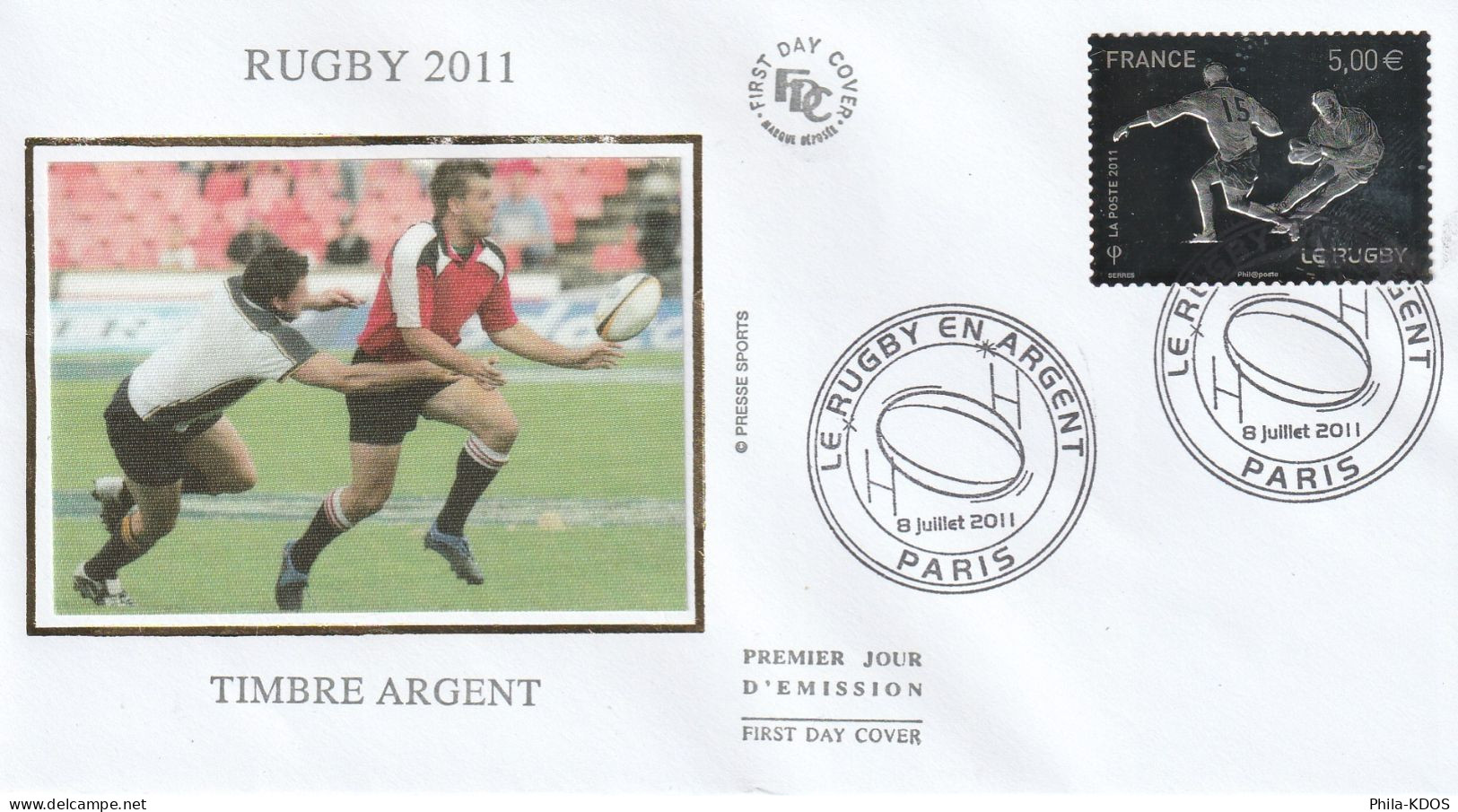 2011 (TIMBRE EN ARGENT DE 5 €) " LE RUGBY " Sur Enveloppe 1er Jour Soie. N° YT Adhésif 597. Parf état. FDC à Saisir !!! - Rugby