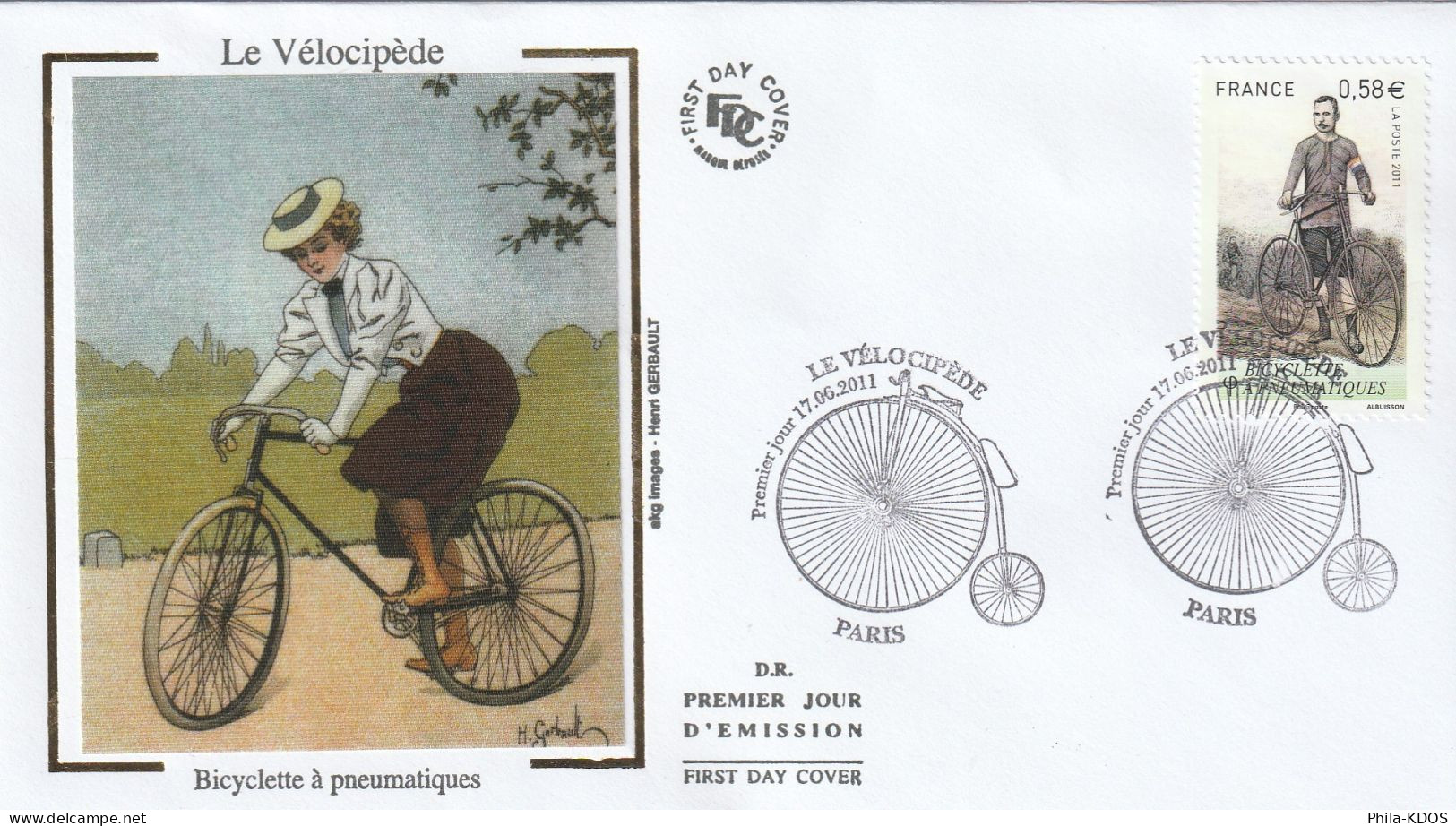 2011 " LE VELOCIPEDE :  BICYCLETTE A PNEUMATIQUES " Sur Enveloppe 1er Jour. N° YT 4555. Parfait état. FDC à Saisir !!! - Cycling