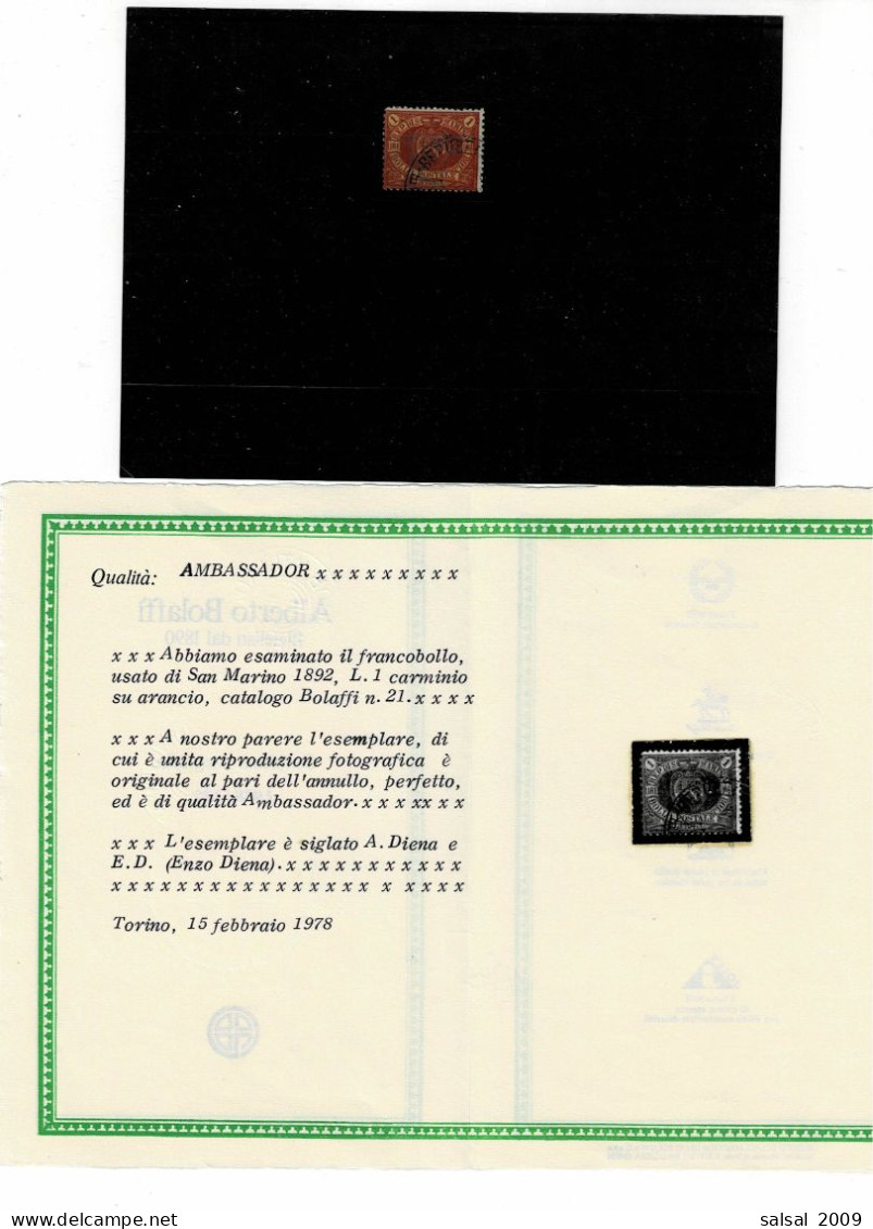 SAN MARINO ,usato ,Certificato Bolaffi ,qualita Splendida - Used Stamps