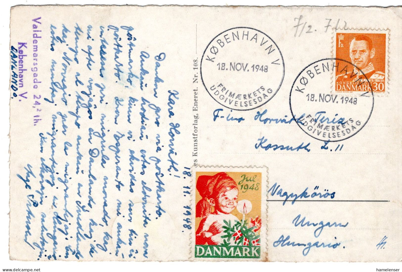 72393 - Dänemark - 1948 - 30o Frederik EF A AnsKte M ESST KOBENHAVN -> Ungarn, M Jul-Marke - Lettres & Documents