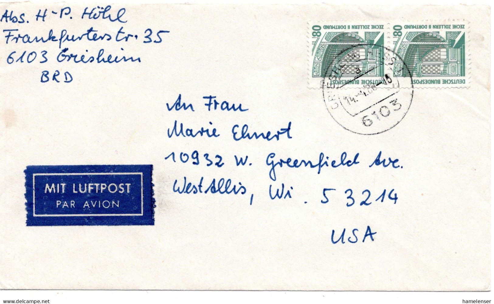72395 - Bund - 1988 - 2@80Pfg SWK A LpBf GRIESHEIM -> West Allis, WI (USA) - Storia Postale