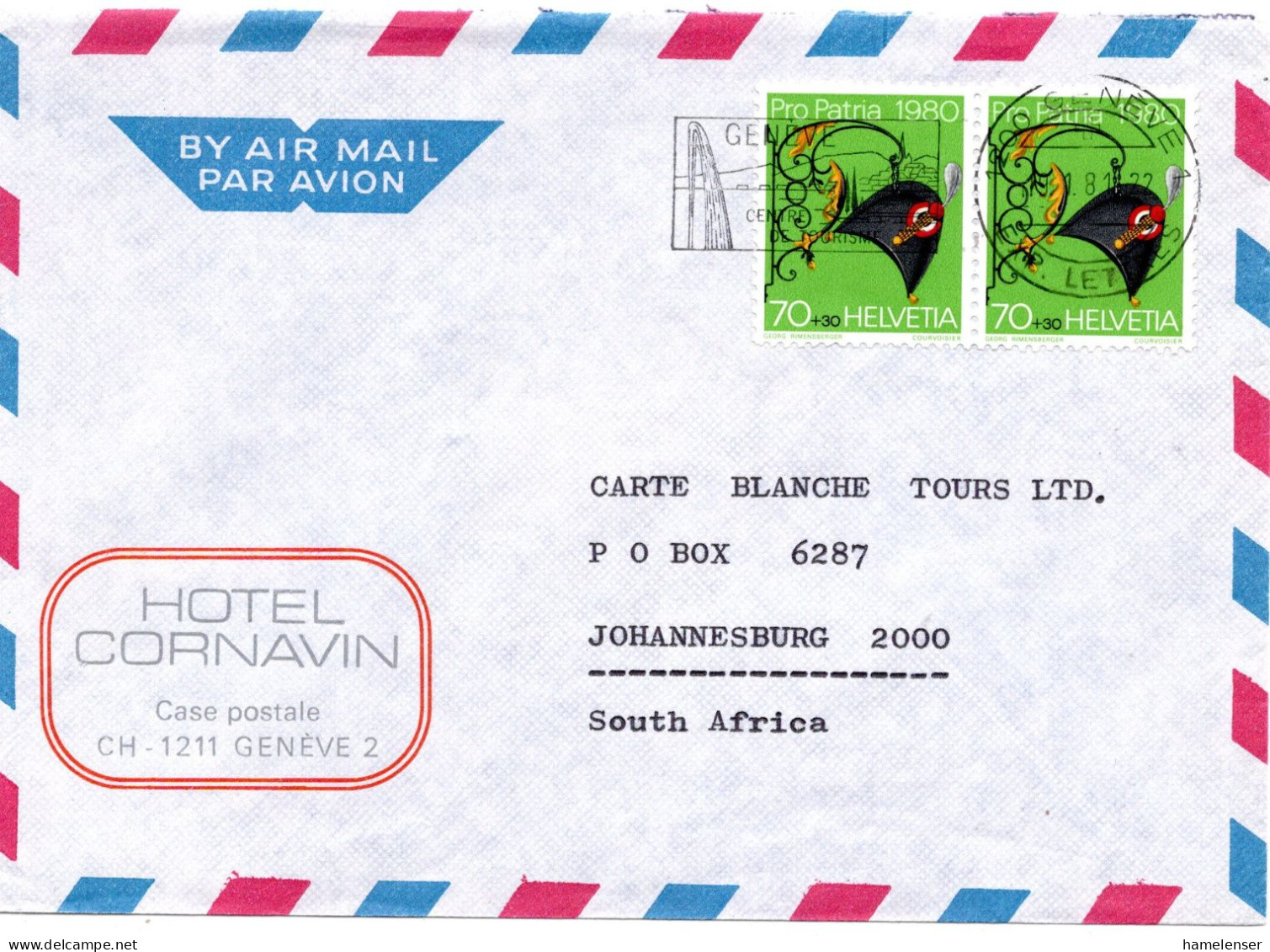 72397 - Schweiz - 1981 - 2@70Rp Pro Patria '80 A LpBf GENEVE -> Suedafrika - Briefe U. Dokumente