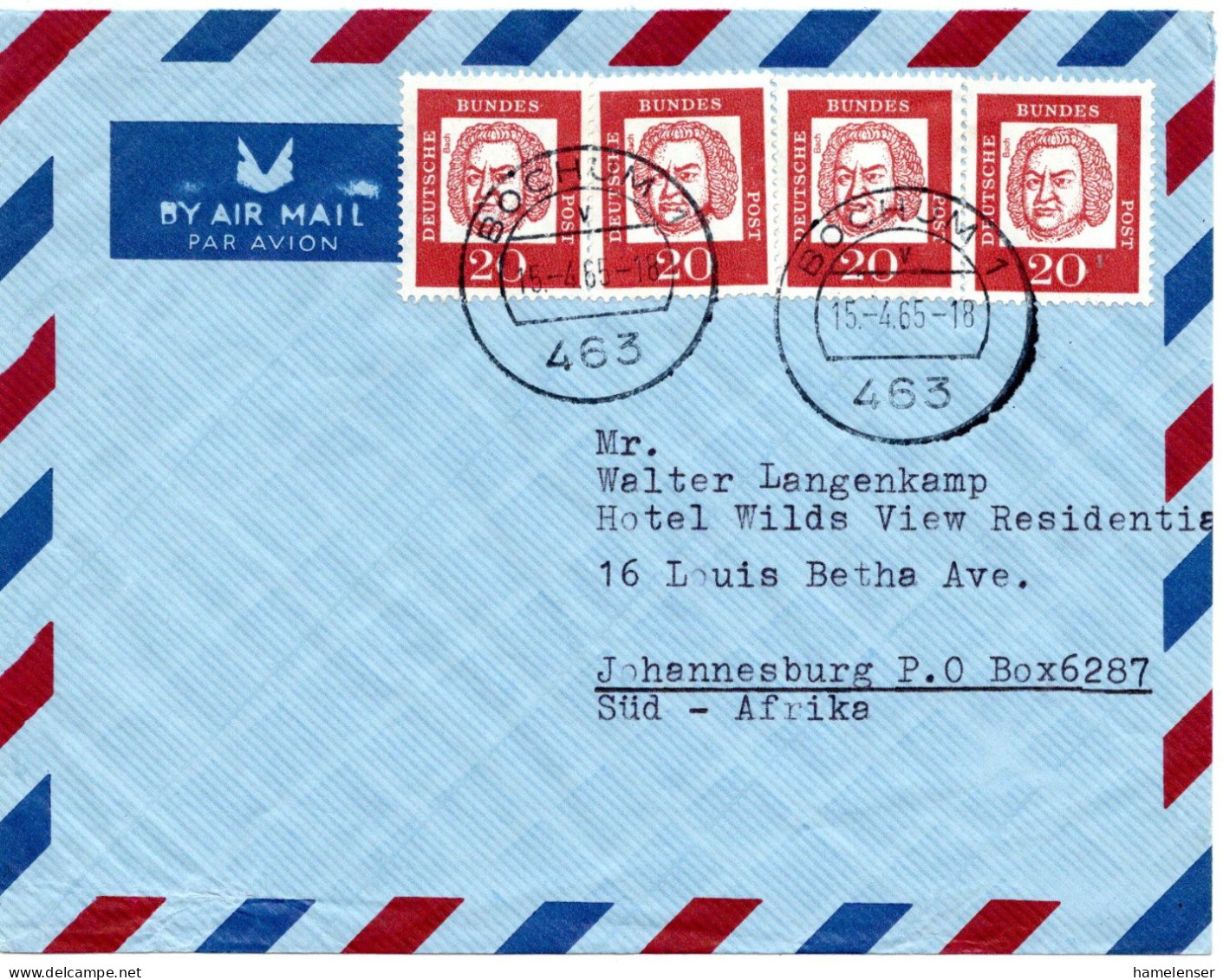 72398 - Bund - 1965 - 4@20Pfg Bach A LpBf BOCHUM -> Suedafrika - Lettres & Documents