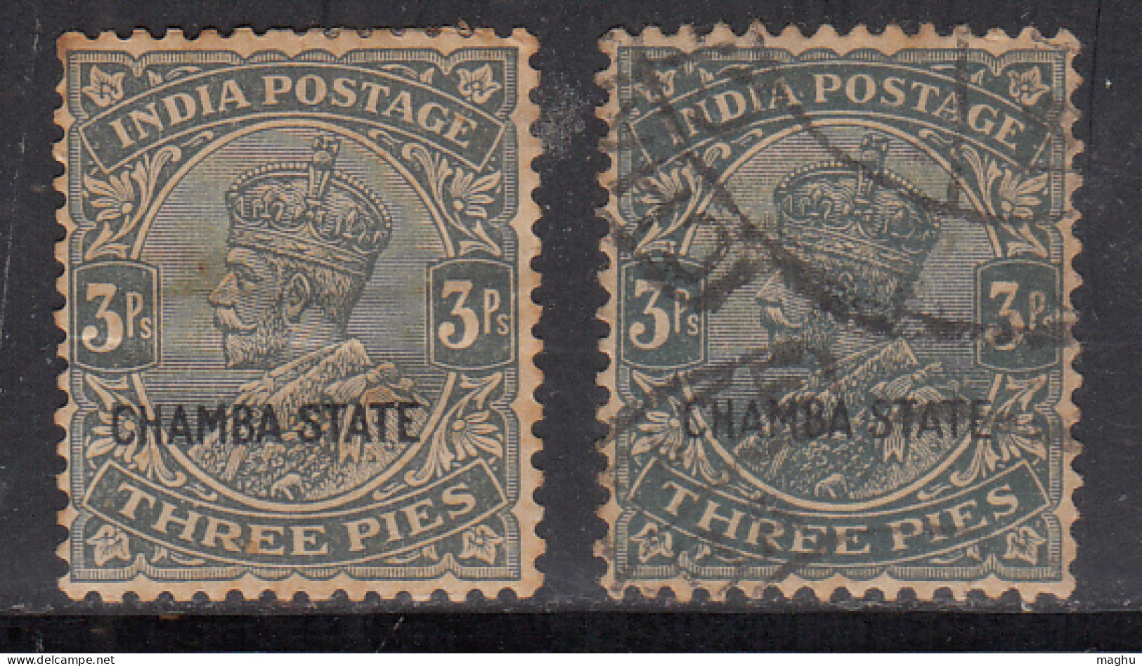 3p Colour /Shade Varities Used Chamba, Multi Star, SG62 (1938), KGV Series1927-1937, British India - Chamba