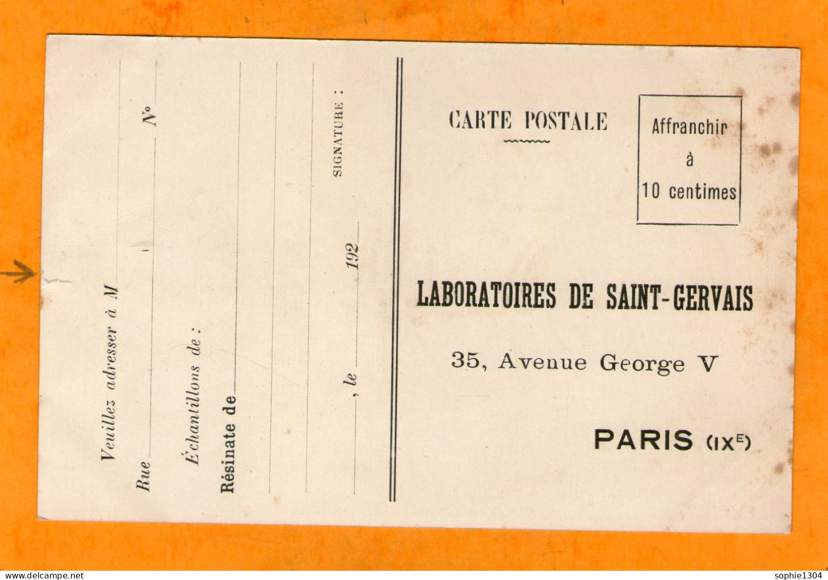 Carte Publicitaire - "Laboratoires De Saint Gervais 35 Avenue Georges V PARIS (IXe)" - Arrondissement: 09