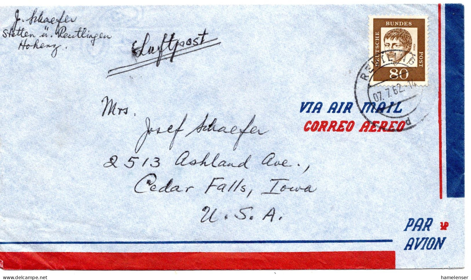 72403 - Bund - 1962 - 80Pfg Kleist EF A LpBf REUTLINGEN -> Cedar Falls, IA (USA) - Covers & Documents
