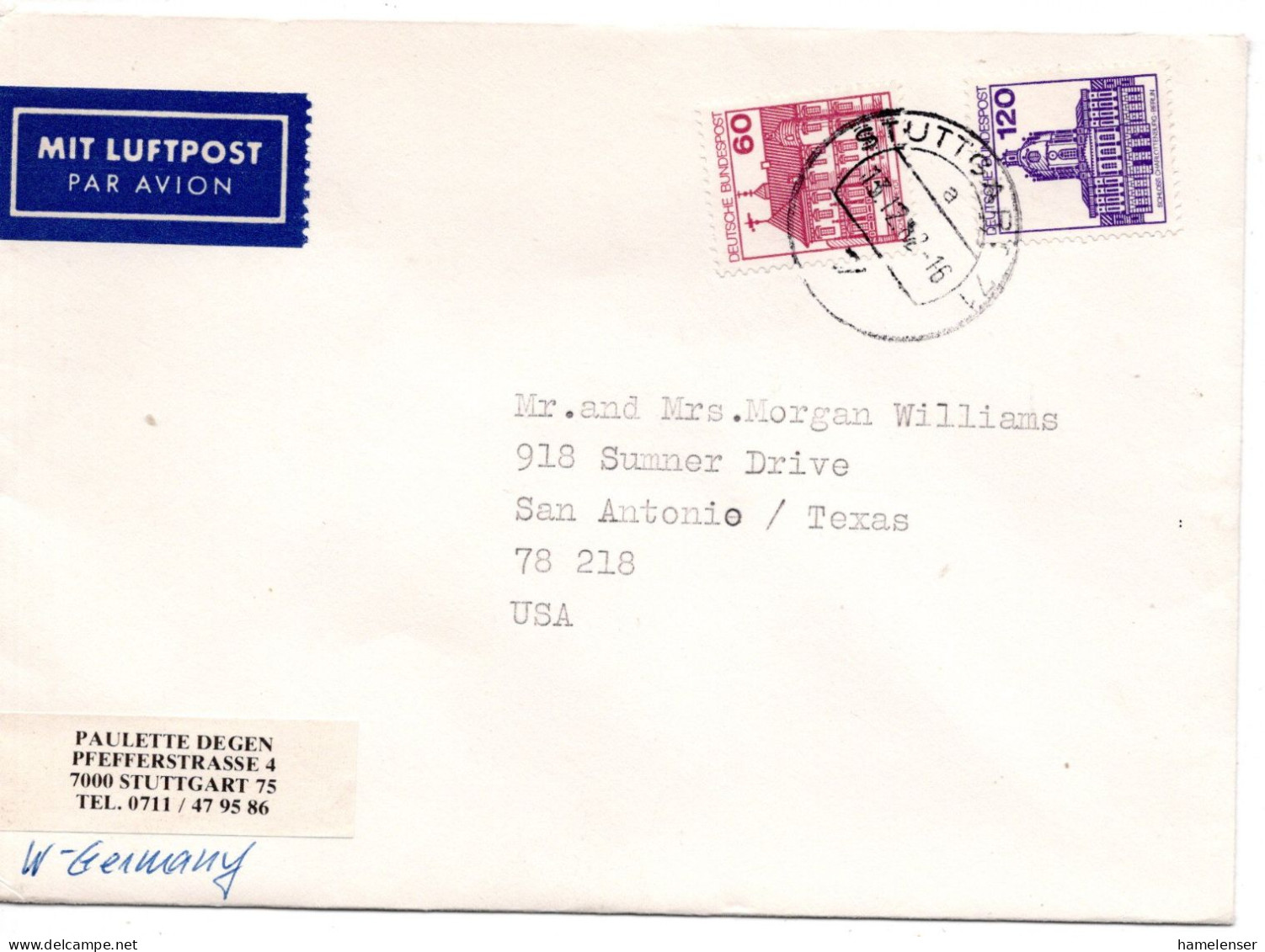 72408 - Bund - 1982 - 120Pfg B&S MiF STUTTGART -> San Antonio, TX (USA) - Lettres & Documents