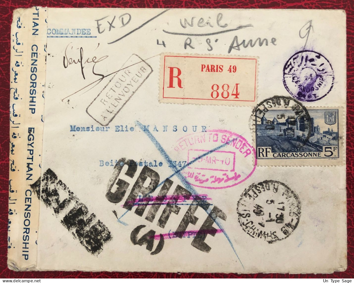 France Divers Sur Enveloppe Pour Le Caire De Paris 3.1.1940 + Censure Et Divers Cachets - (B3572) - Guerre De 1939-45