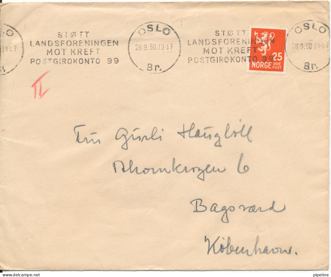 Norway Cover Sent To Denmark Oslo 28-9-1950 Support The Fight Against CANCER - Lettres & Documents