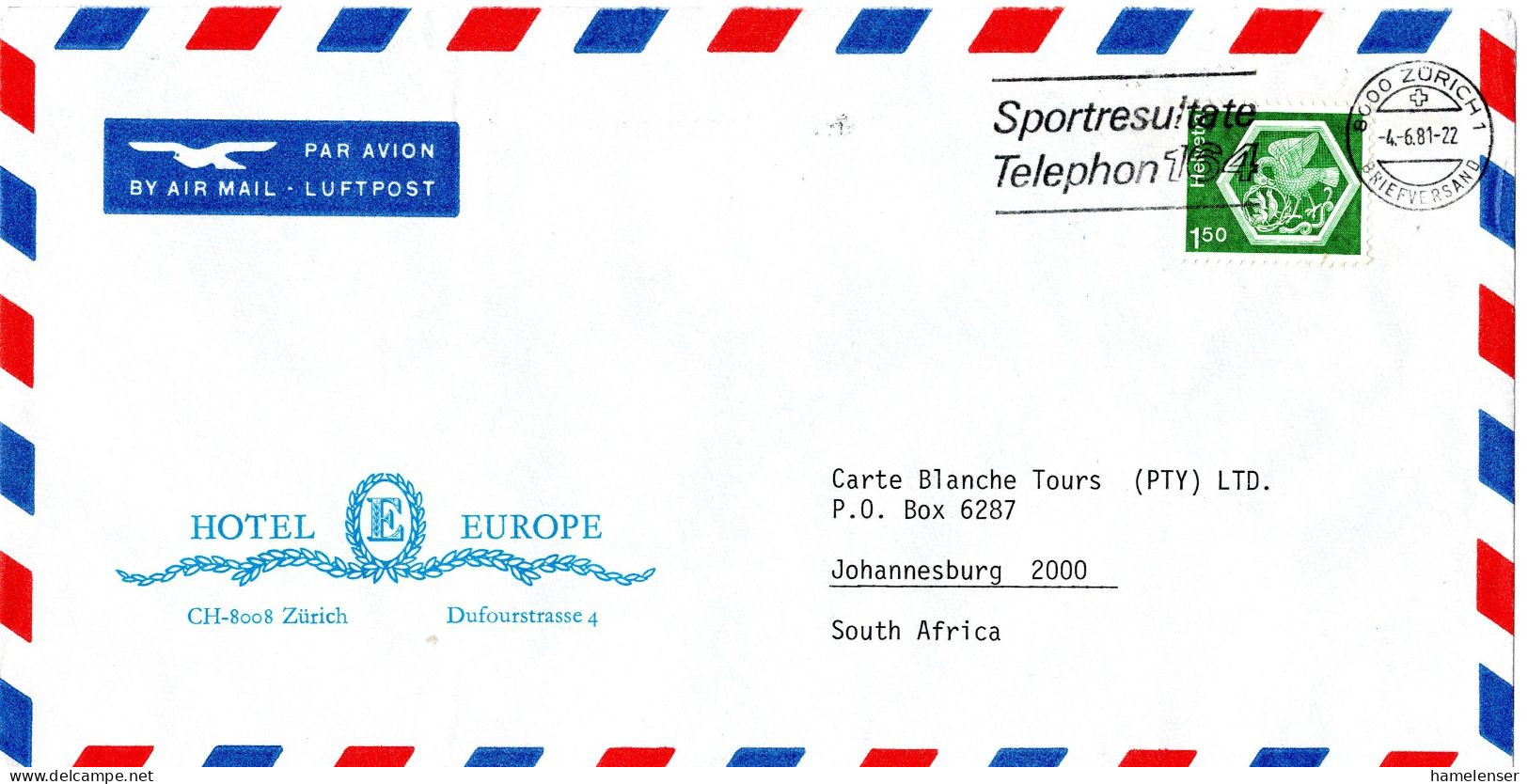 L72419 - Schweiz - 1981 - Fr.1,50 Ornament EF A LpBf ZUERICH - ... -> Suedafrika - Covers & Documents