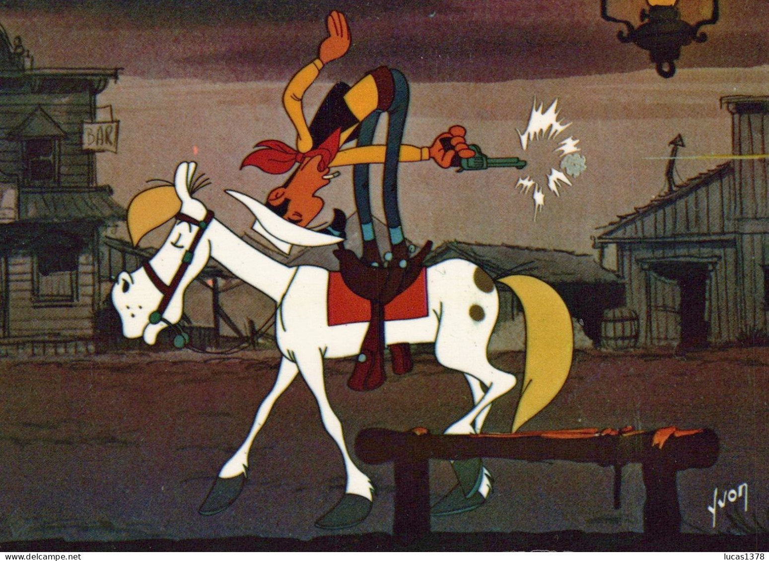 CARTE POSTALE LUCKY LUKE ET SES COMPAGNONS  : LUCKY LUKE A L ENVERS SUR JOLLY JUMPER TIRE AVEC SON COLT - Lucky Luke