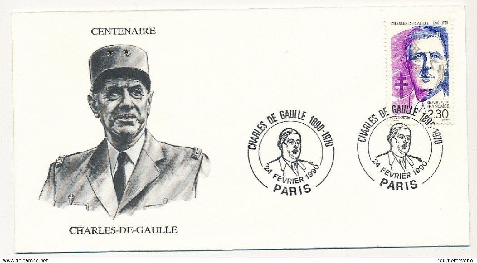 FRANCE - Enveloppe - Premier Jour Timbre 2,30 Charles De Gaulle -  Paris - 24/2/1990 - De Gaulle (Général)