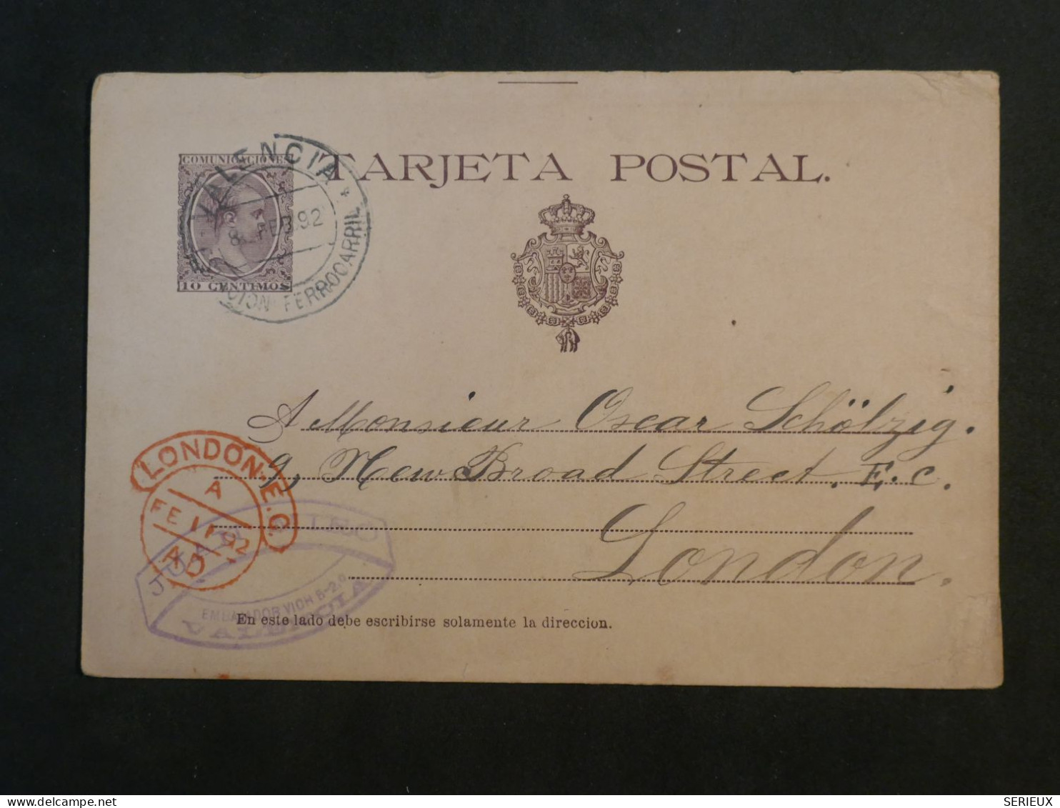 DF16 ESPANA   BELLE CARTE  LETTRE ENTIER  RR 1892 VALENCIA  A  LONDON U.K. +AFF. INTERESSANT++ + - 1850-1931