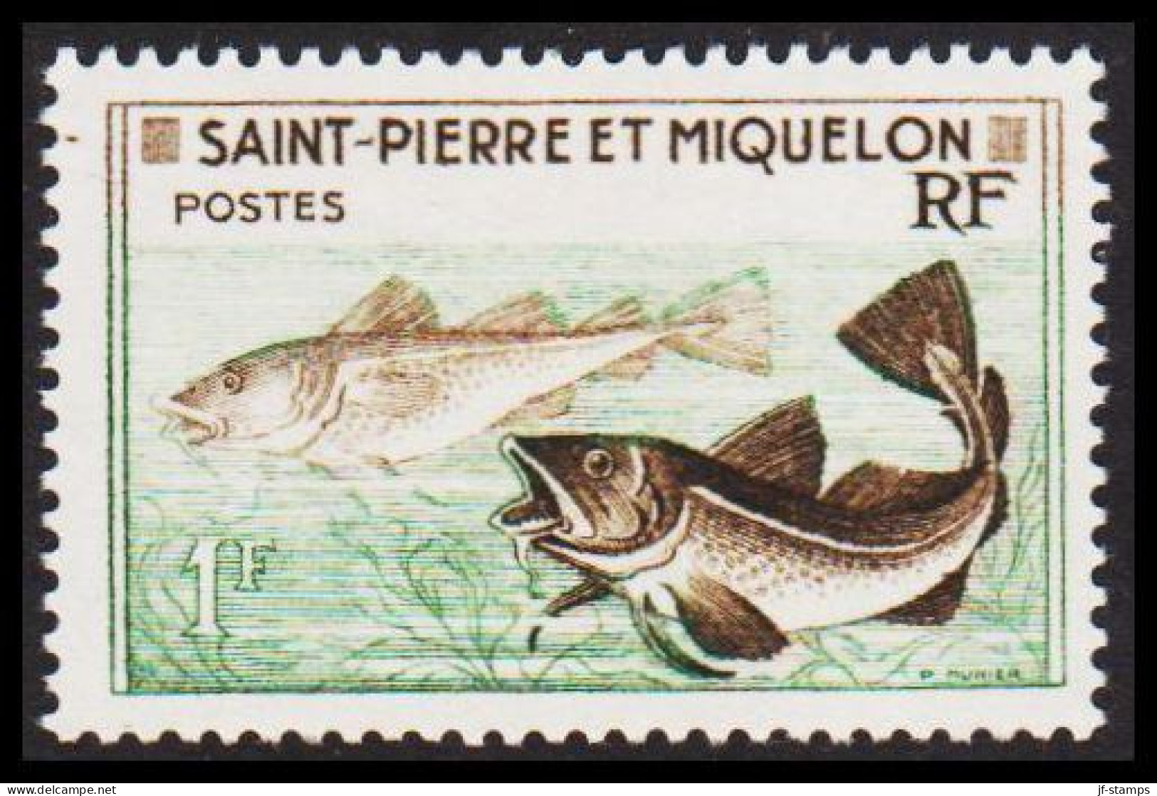 1957. SAINT-PIERRE-MIQUELON. Fish (Gadus Morrhua) 1 F Never Hinged.  - JF537421 - Cartas & Documentos