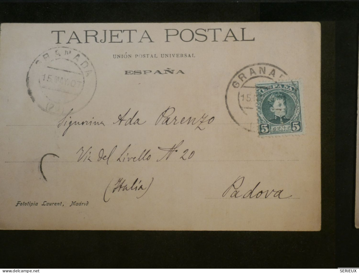 DF16 ESPANA   BELLE CARTE    RR 1907 GRANADA A PADOVA ITALIA +ALHAMBRA +AFF. INTERESSANT++ + - Brieven En Documenten
