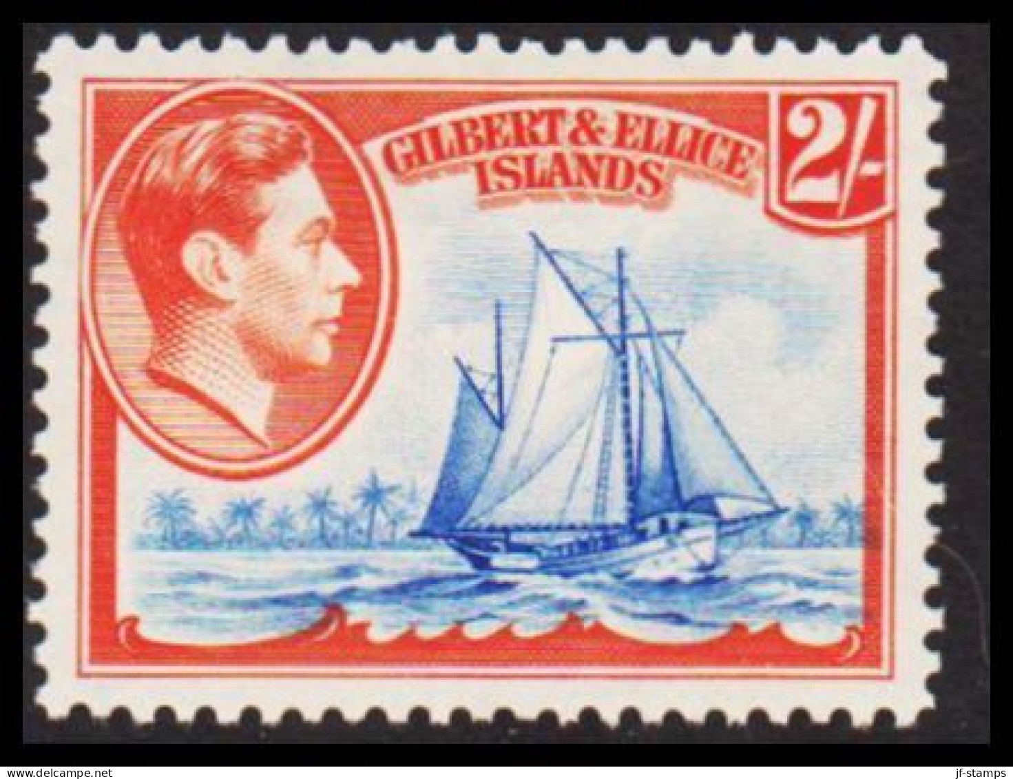 1939. GILBERT & ELLICE ISLANDS. Georg VI & COUNTRY MOTIVES. 2/- Sailboat Hinged.  (Michel 47) - JF537459 - Isole Gilbert Ed Ellice (...-1979)