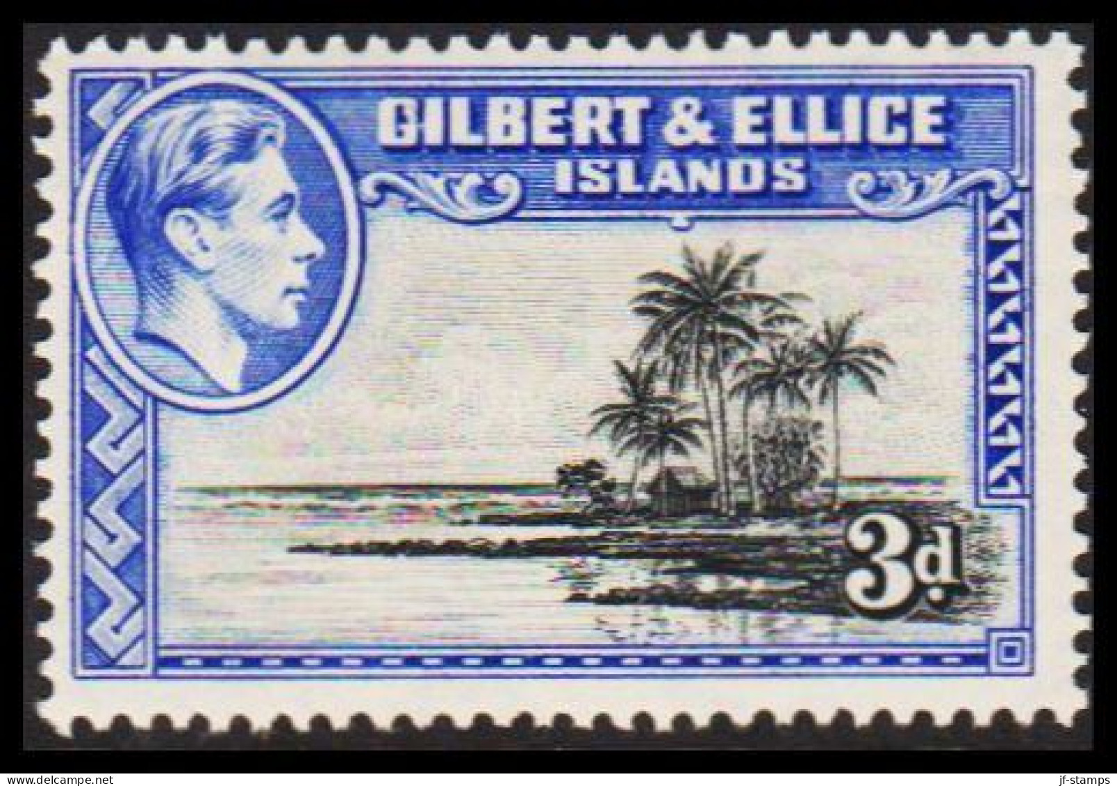 1939. GILBERT & ELLICE ISLANDS. Georg VI & COUNTRY MOTIVES. 3 D Palms At Beach Perf 13½ Never... (Michel 43A) - JF537466 - Gilbert- En Ellice-eilanden (...-1979)