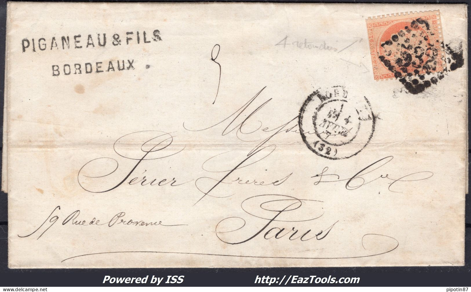 FRANCE N° 38d 4 RETOUCHÉ SUR LETTRE AVEC GC 532 BORDEAUX + CAD DU 01/04/1872 - 1870 Asedio De Paris