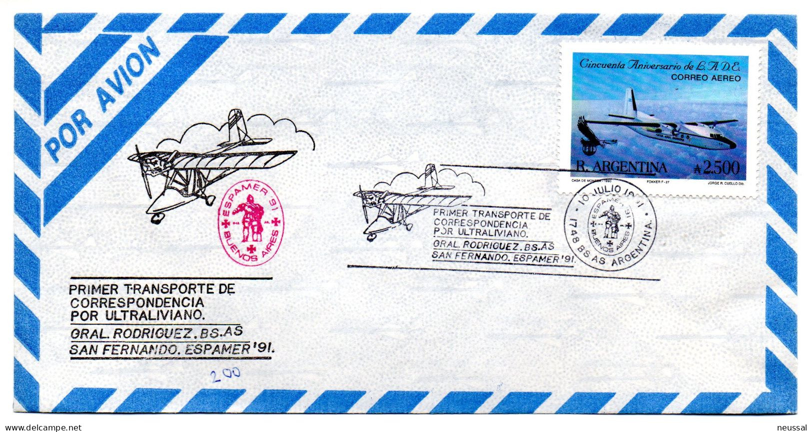 Carta Con Matasellos  De Primer Transporte Ultraliviano De 1991 - Covers & Documents