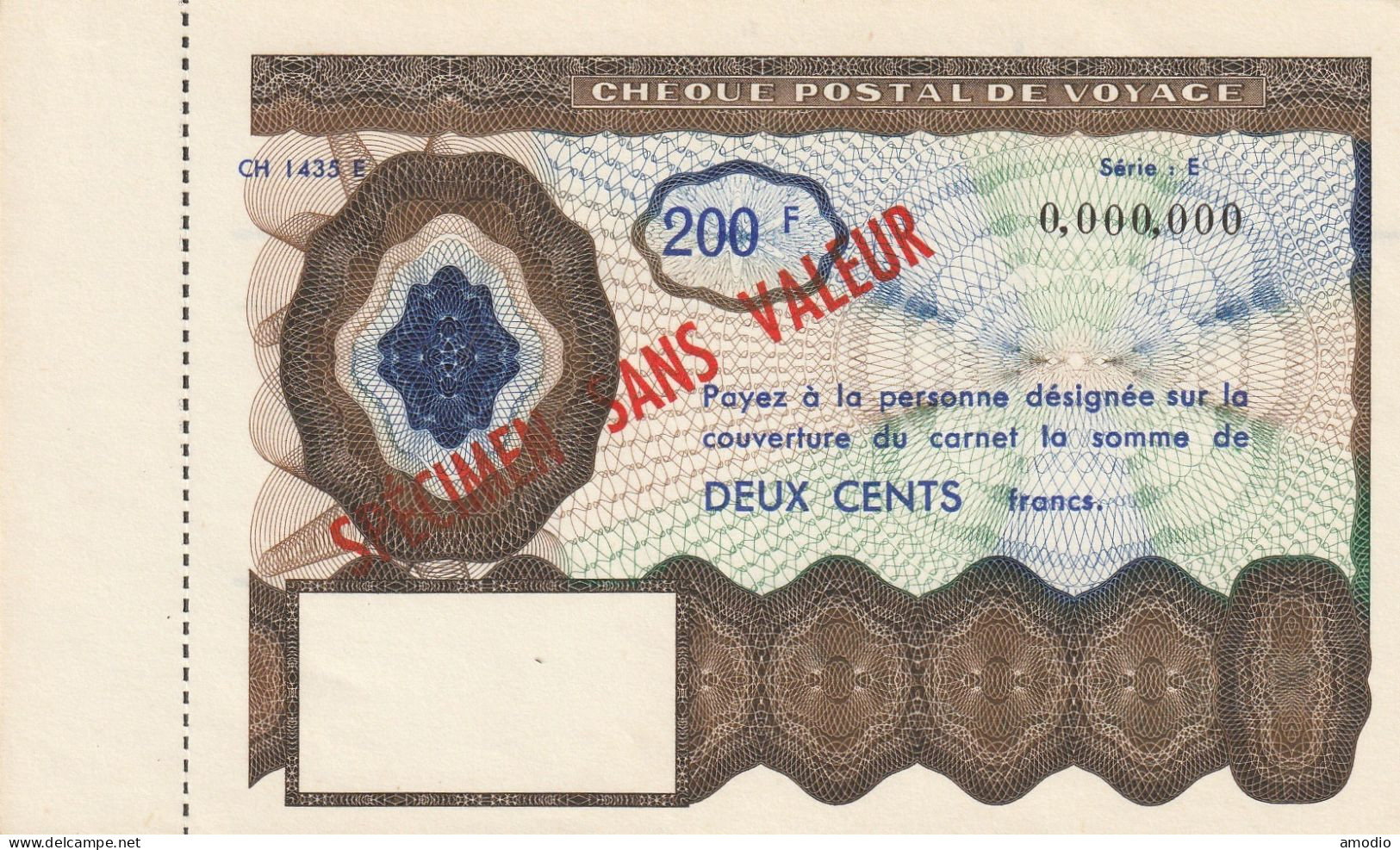 France Chèque Postal De Voyage 200 F Surchargé SPECIMEN - Fiktive & Specimen