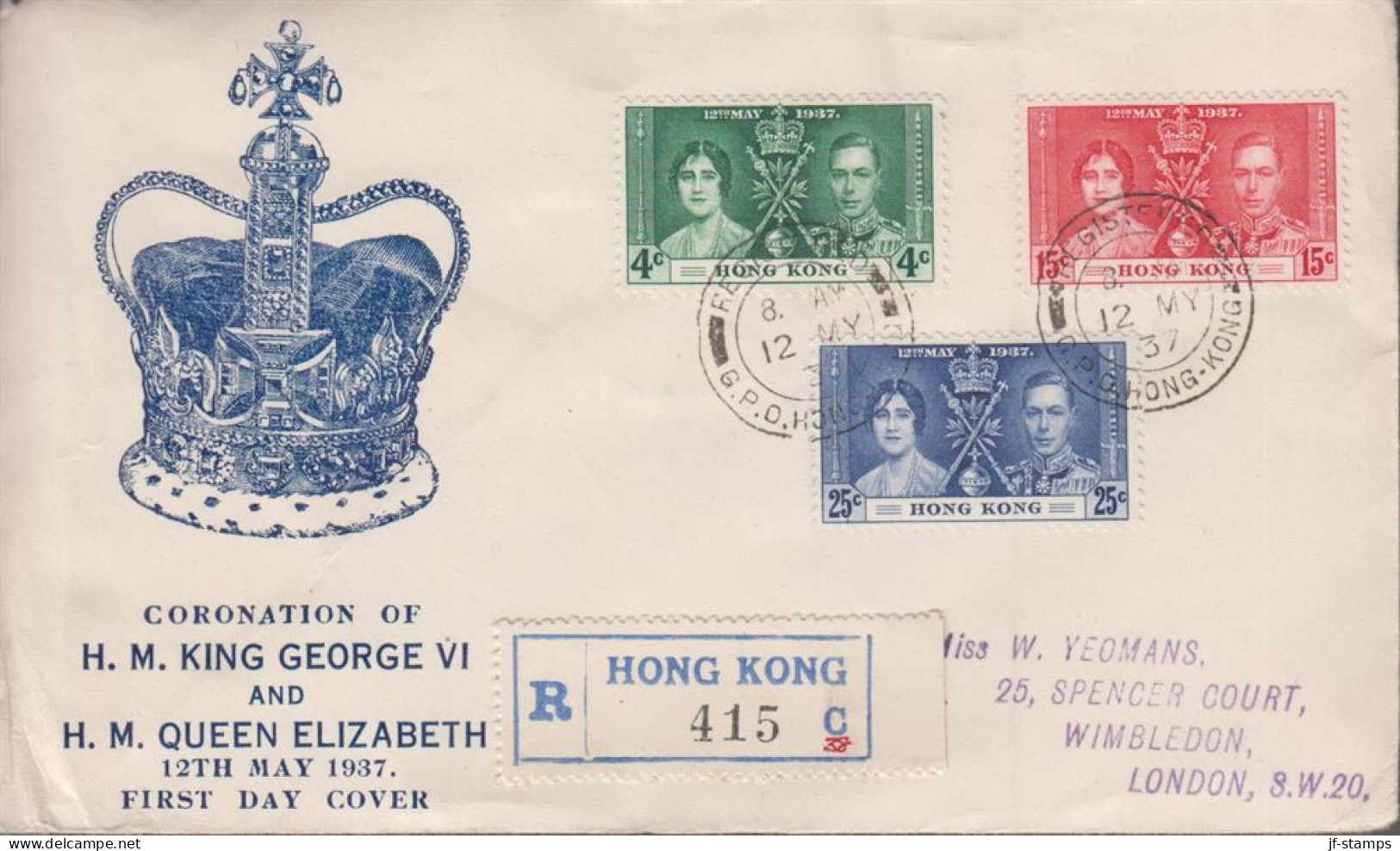 1937. HONG KONG Georg VI. Coronation In Complete Set On Rare Registered FDC Cancelled REG... (Michel 136-138) - JF537486 - Lettres & Documents