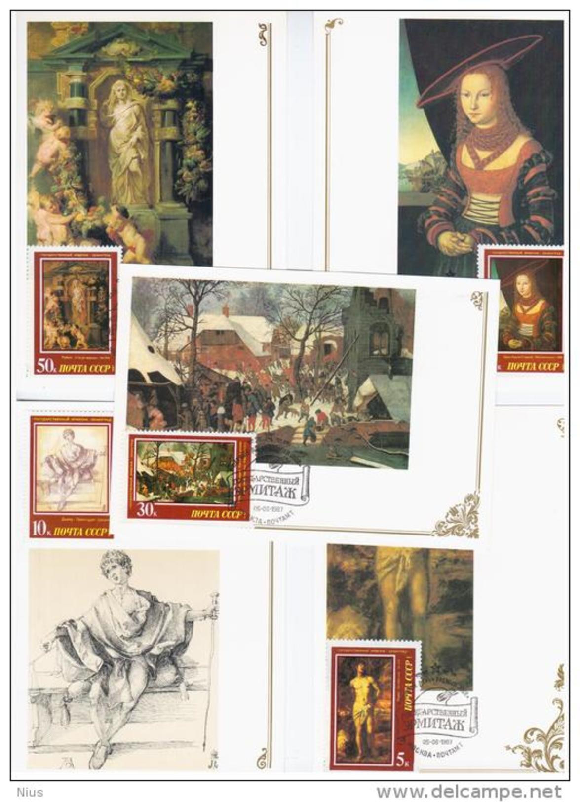 Russia USSR 1987 MC X5 Hermitage Painting Bruegel Titian Tiziano Dürer Cranach Rubens Painter Painters, Maximum Cards - Maximum Cards