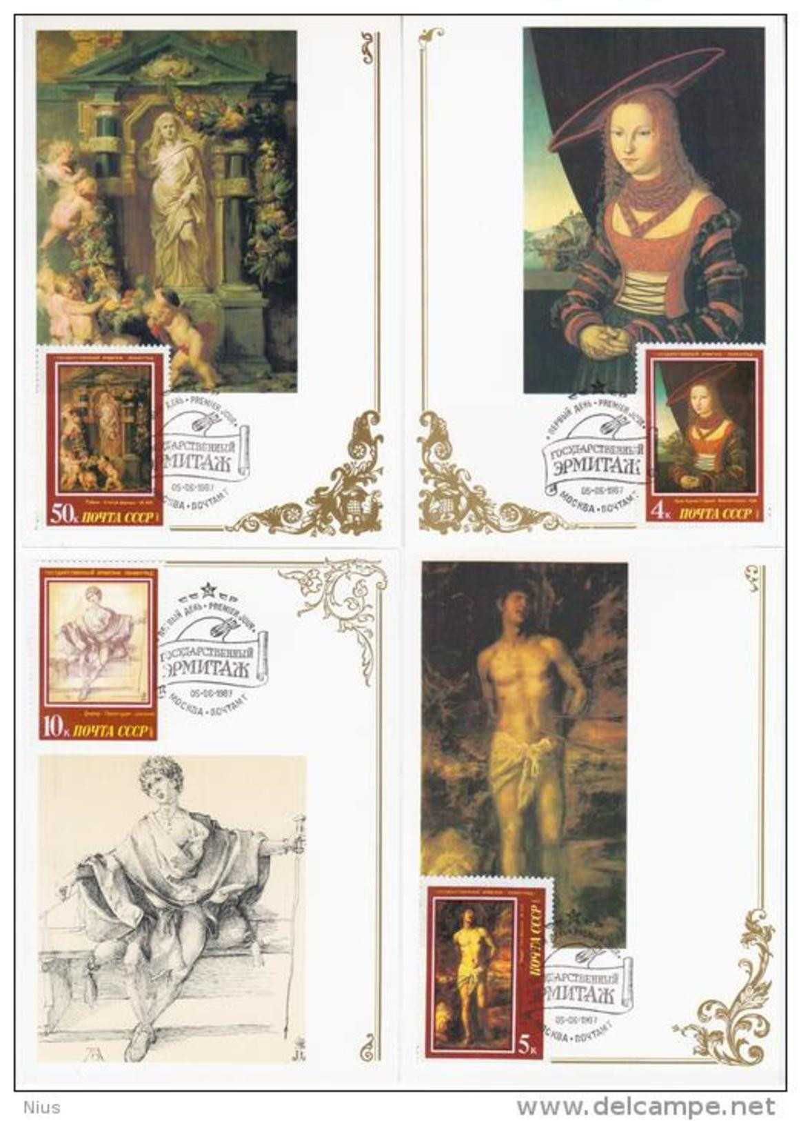 Russia USSR 1987 MC X5 Hermitage Painting Bruegel Titian Tiziano Dürer Cranach Rubens Painter Painters, Maximum Cards - Maximum Cards