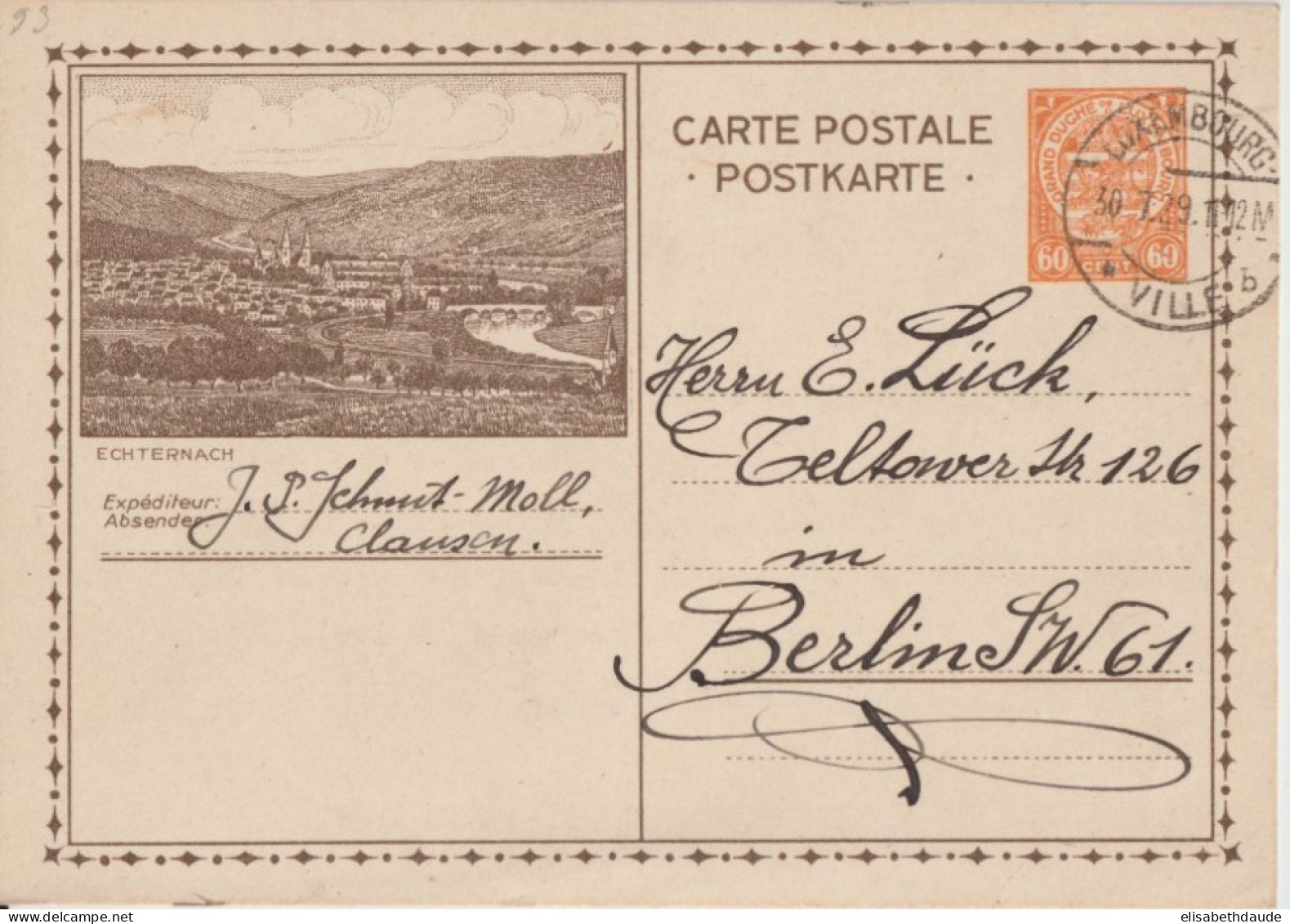 1929 - LUXEMBOURG - CP ENTIER ILLUSTREE BILDPOSTKARTE ECHTERNACH => BERLIN - Stamped Stationery