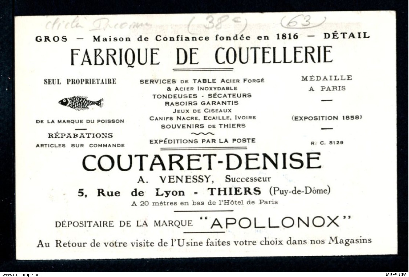 63 - THIERS - Fabrique De Coutellerie - COUTARET DENISE - 5 , Rue De Lyon - Thiers