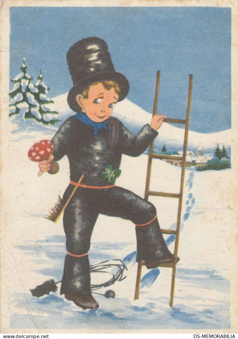 Chimney Sweep W Ladder Holding A Mushroom Postcard 1955 - Champignons