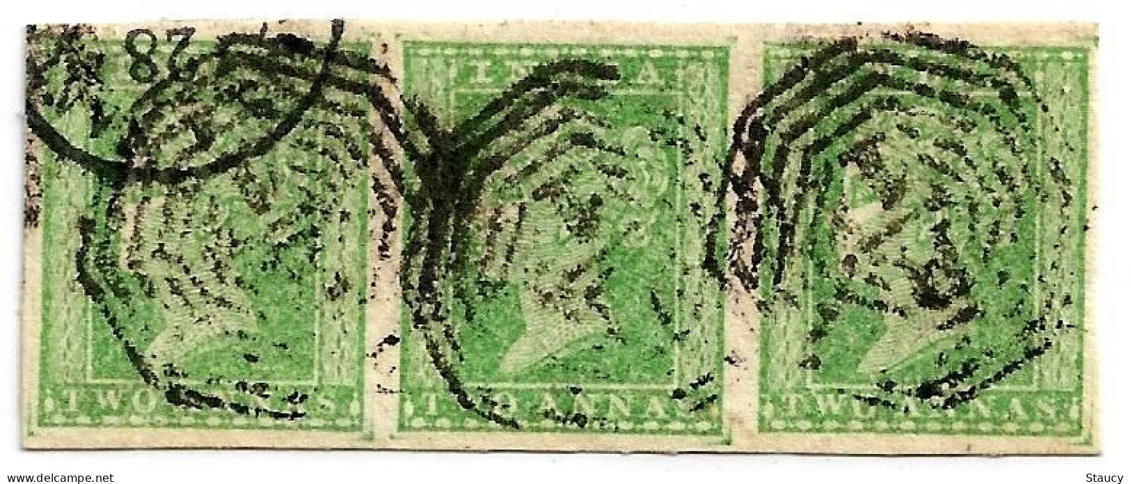 British India 1854 QV 2a Two Anna Green Litho / Typograph "Horizontal Strip Of 3 Stamps" With 4 Wide Margins Fine Used - 1854 Britische Indien-Kompanie
