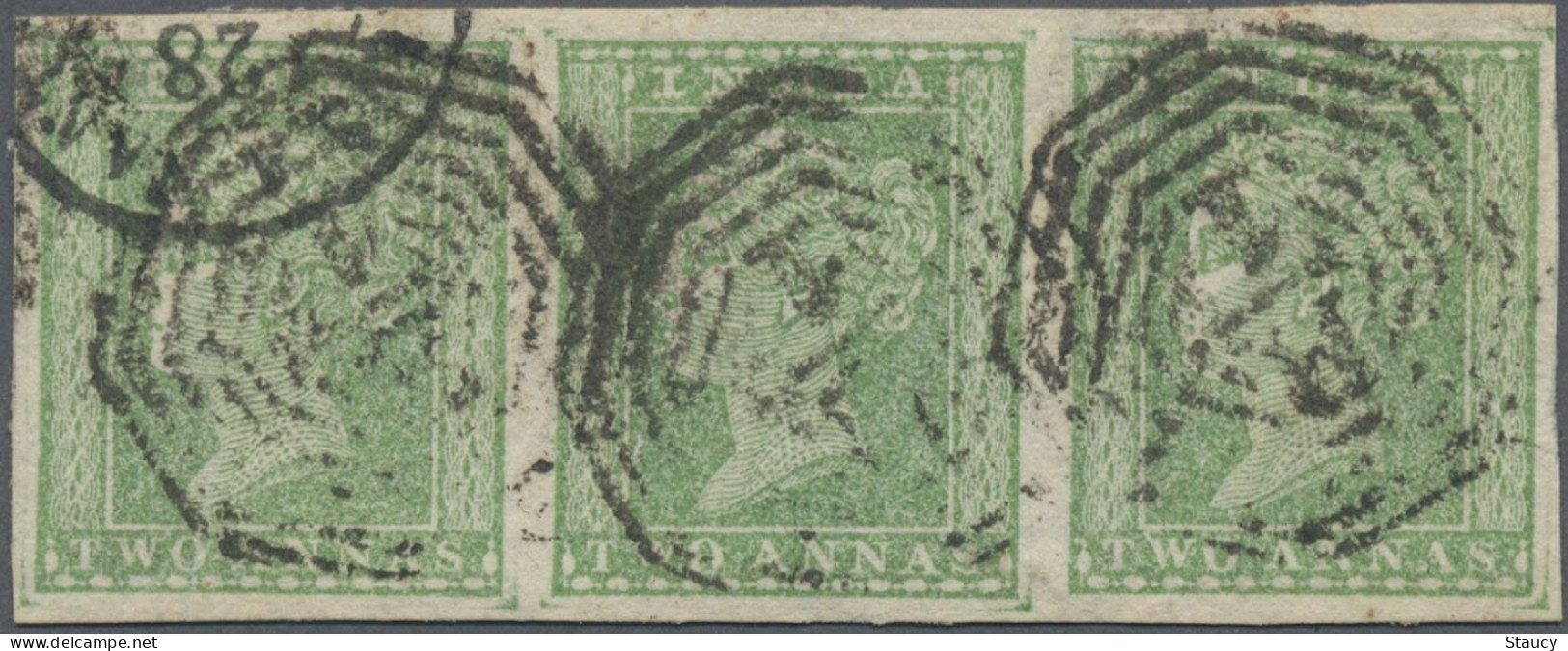 British India 1854 QV 2a Two Anna Green Litho / Typograph "Horizontal Strip Of 3 Stamps" With 4 Wide Margins Fine Used - 1854 Compagnia Inglese Delle Indie
