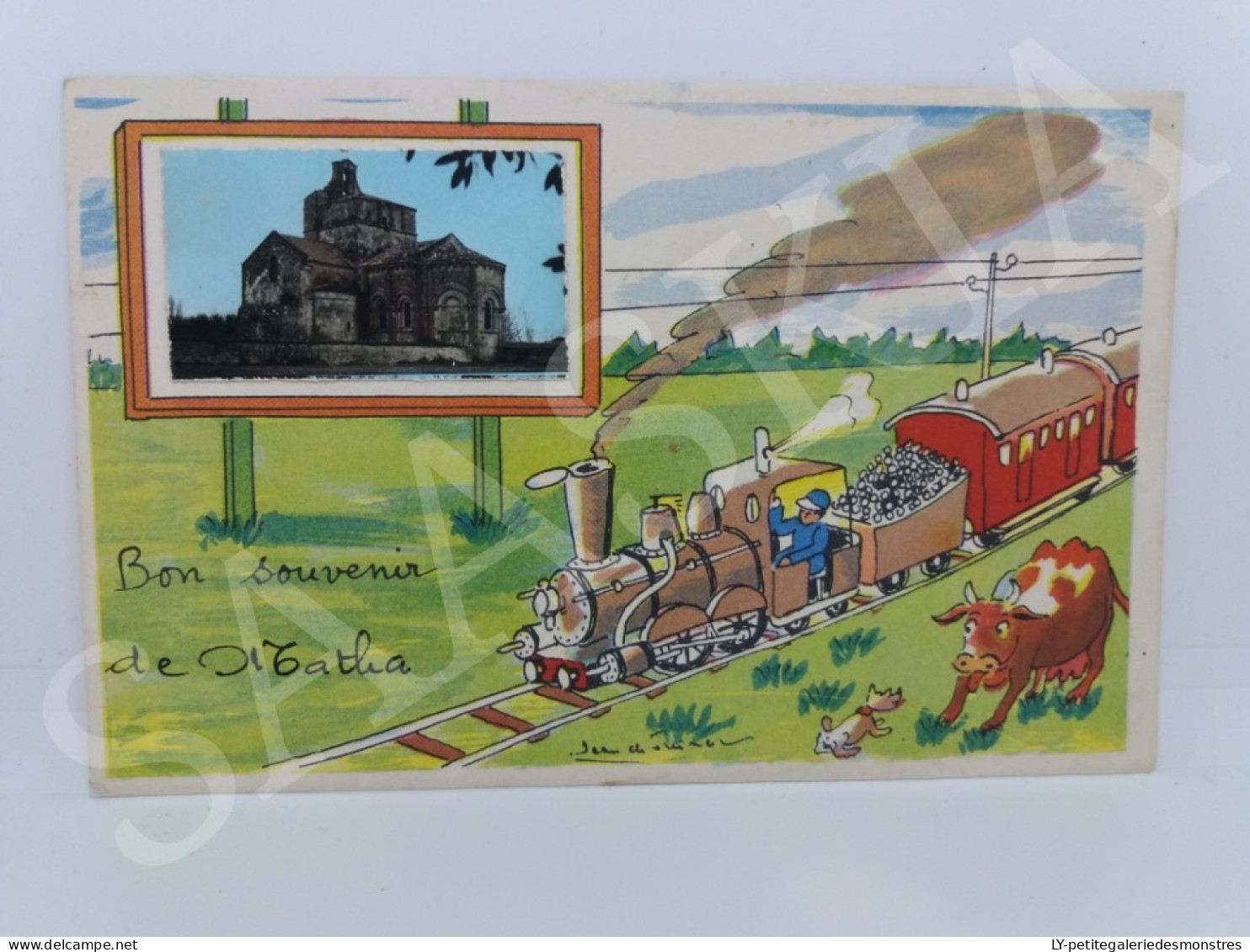 #CPA874 -  Bonjour De Matha Illustration De Jean De Pressac Couleur Train Vache Chien Locomotive - Matha